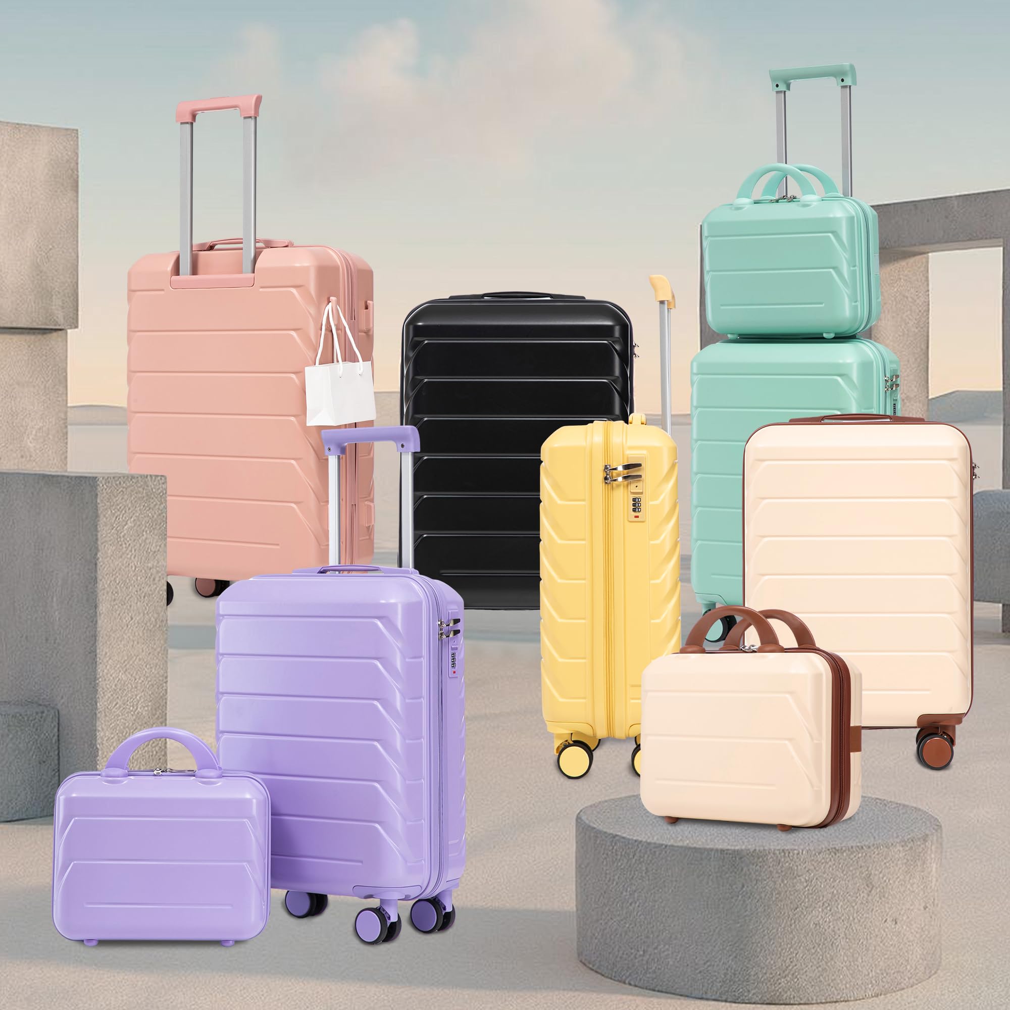 Set di 4 Valigie in ABS con Beauty Case, Viaggio, Beige