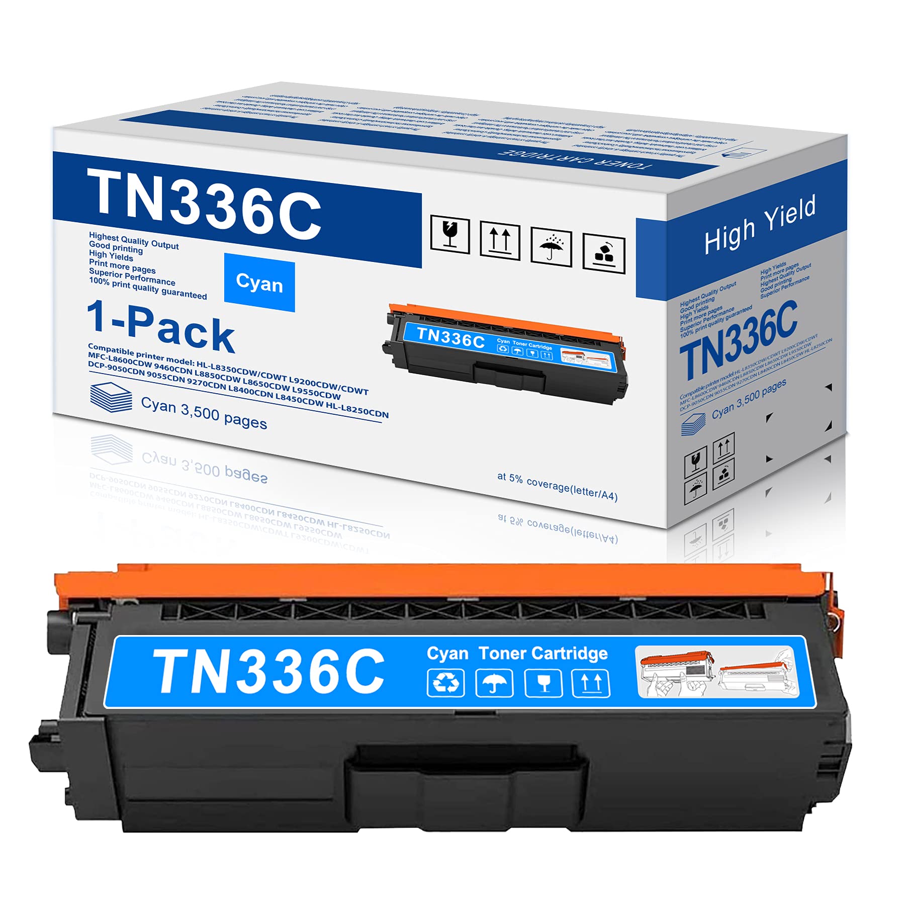 TN-336C TN-336 High Yield Cyan Toner Cartridge Replacement for Brother TN336C TN336 DCP-9050CDN 9270CDN L8450CDW HL-L8250CDN L9200CDW/CDWT