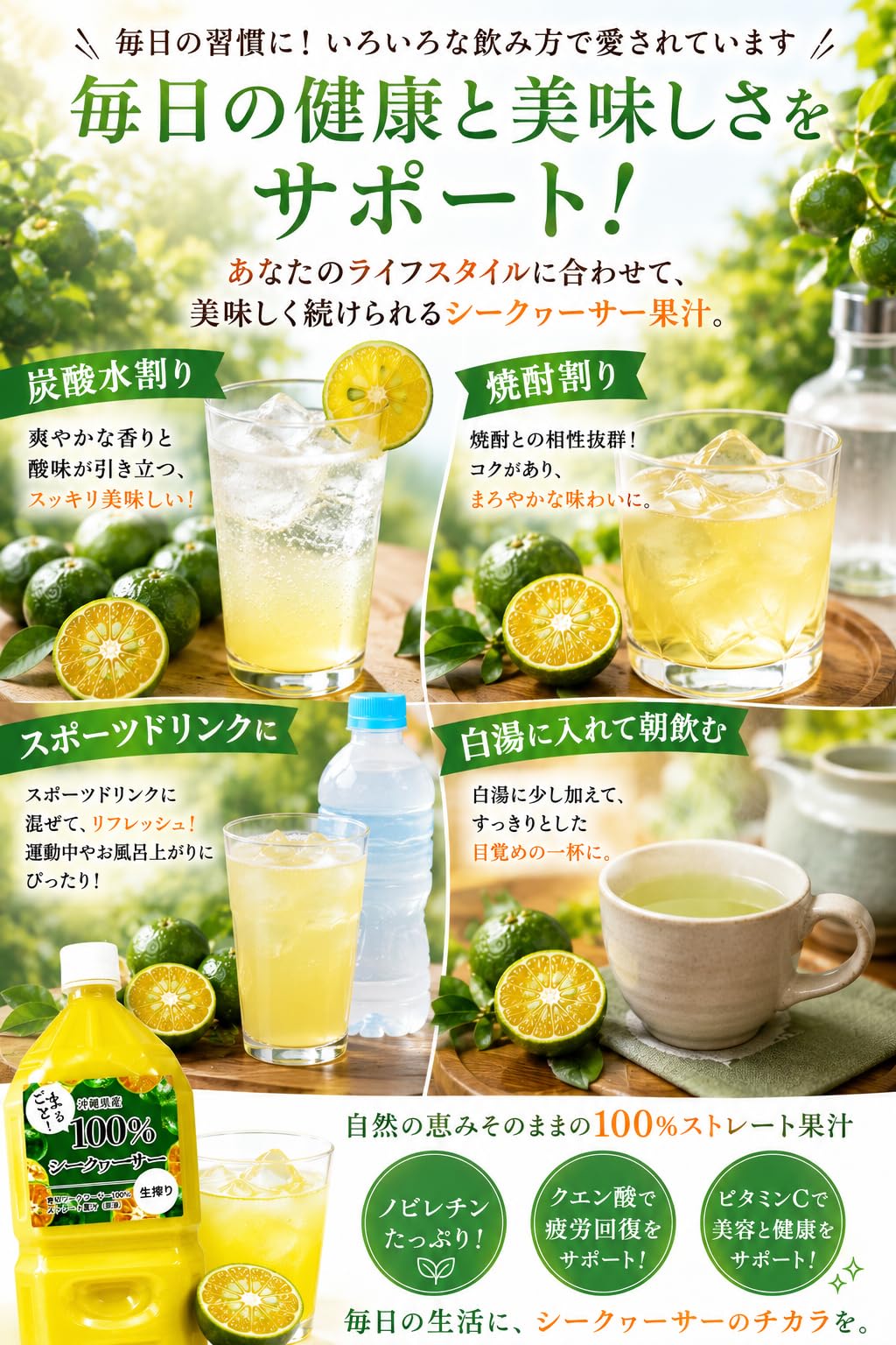 飲料・酒 沖縄シークワーサー100%ジュース2000ml 2本セット