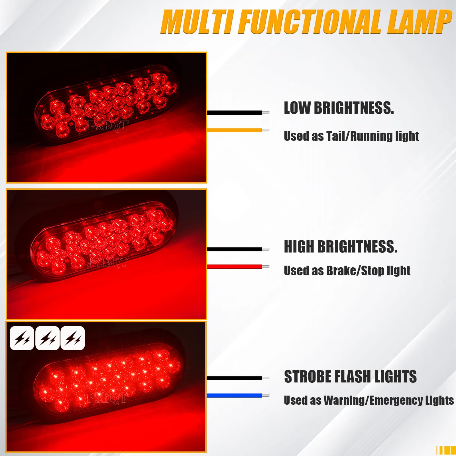 PSEQT 6'' Strobe Flash+High/Low Lights 3 Function Red LED Trailer Tail Lights 24LED Oval Brake Stop Turn Marker Waterproof Lights Surface Mount for Truck Bus RV ATV UTV Van Boat Pickup Caravan, 2Pcs