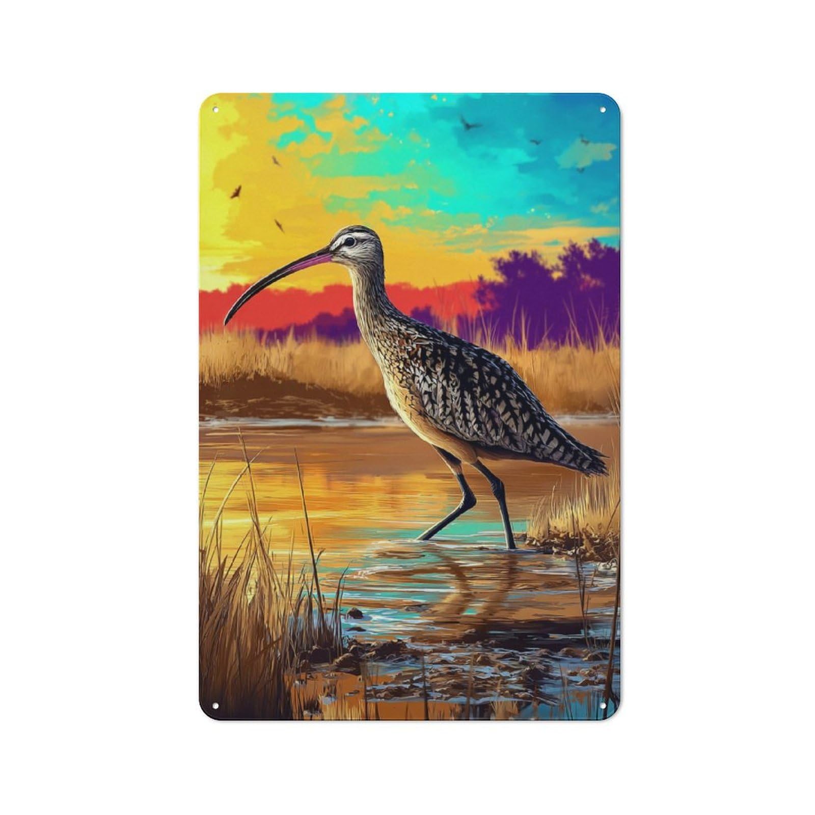 Junmoney Curlew At Sunset In Wetland Vintage Metal Plaque 30X20cm, Bistro Wall Plaque For Coffee Bar, Kitchen, Bistro Or Tea Corner