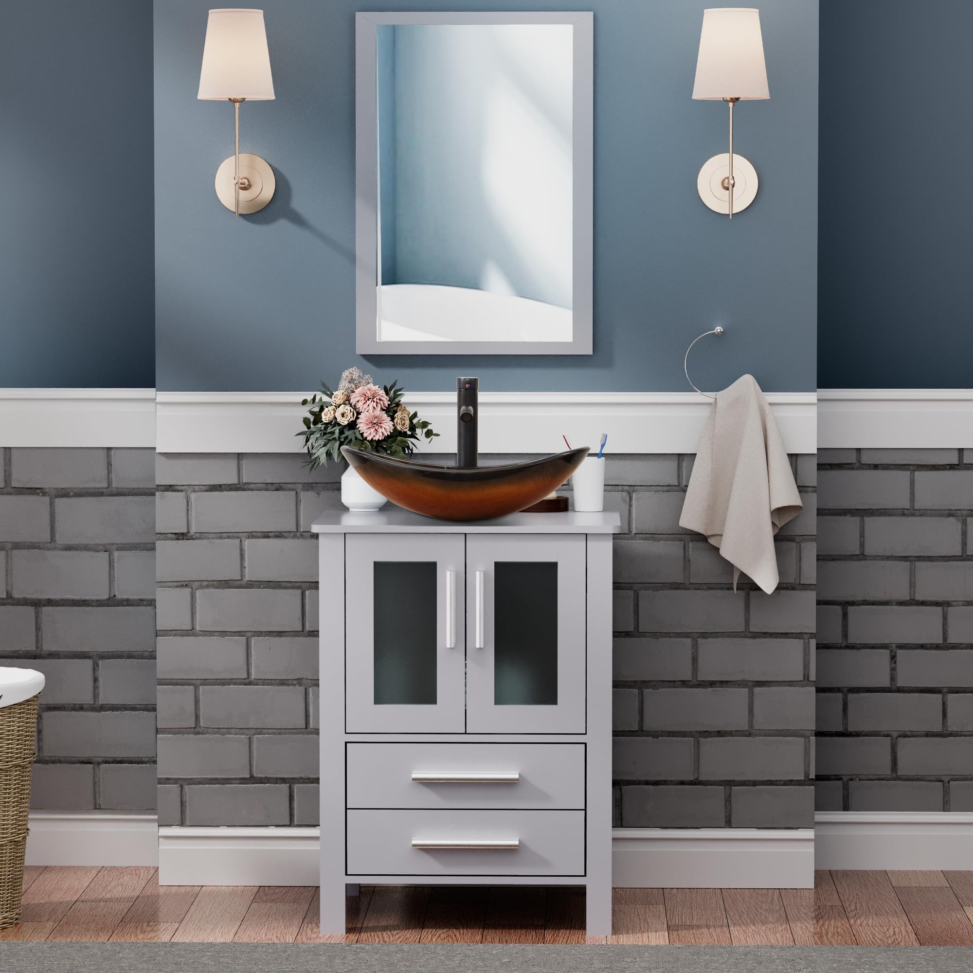 UEV 24" Grey Bathroom Vanity with Vessel Sink,Modern Bathroom Vanity Cabinet, Faucet Sink Bowl,Pop Up Drain Included,Modern Brown Boat Tempered Glass