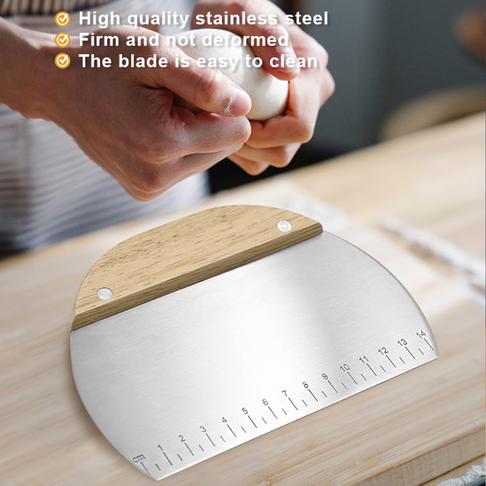 Dough Cutter for Bread and Pizza Dough, Food Grade Stainless Steel Dough Scraper, Pastry Scraper with Wooden Handle, Multipurpose Cake Bread Pizza Cutter with Measuring Scale