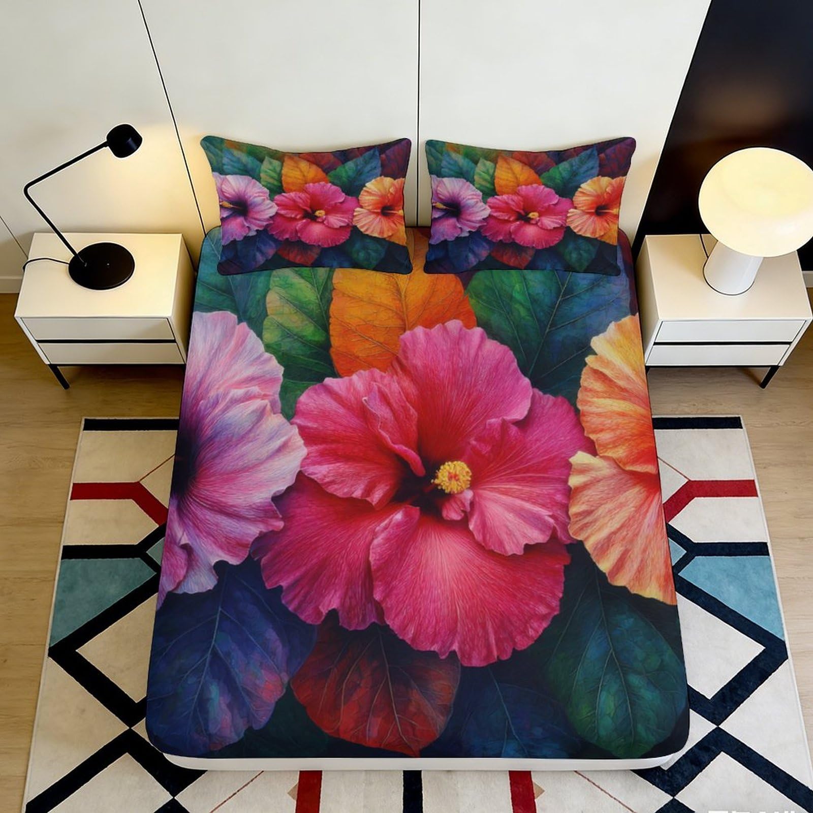 3D Printed Vibrant Hibiscus Fitted Sheet Microfiber Soft Durable Colorful Leaf Mattress Cover for Bedroom Dormitory Guest Room Mattress Protection 180x200x25cm