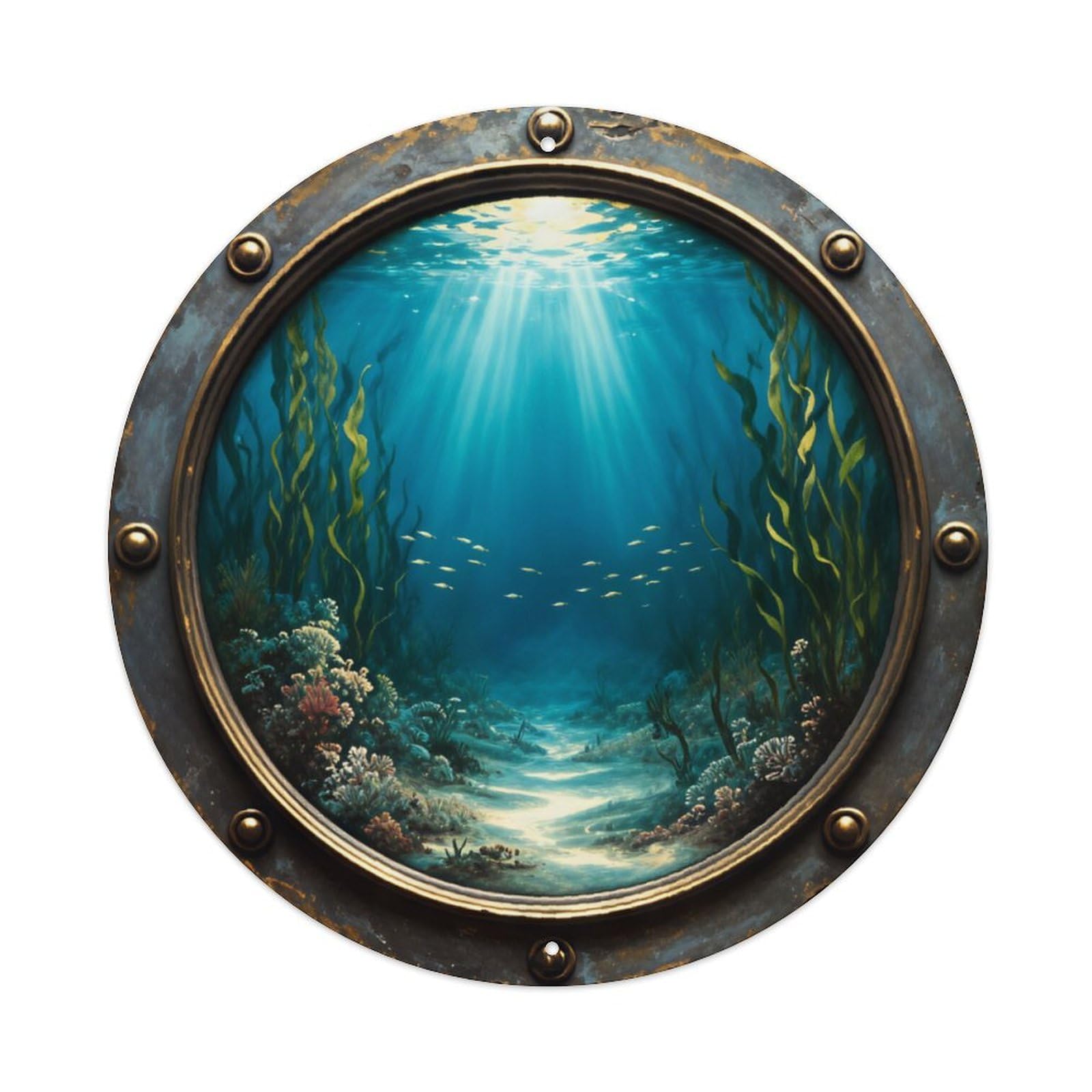 Ldfuieksufg Style Round Vintage Rivet Porthole Underwater Coral Seaweed Wall Sign Nautical Decor Vintage Aluminium Metal Sign, Retro Wall Decor For Home, Bar, Garage & Farmhouse 20X20cm