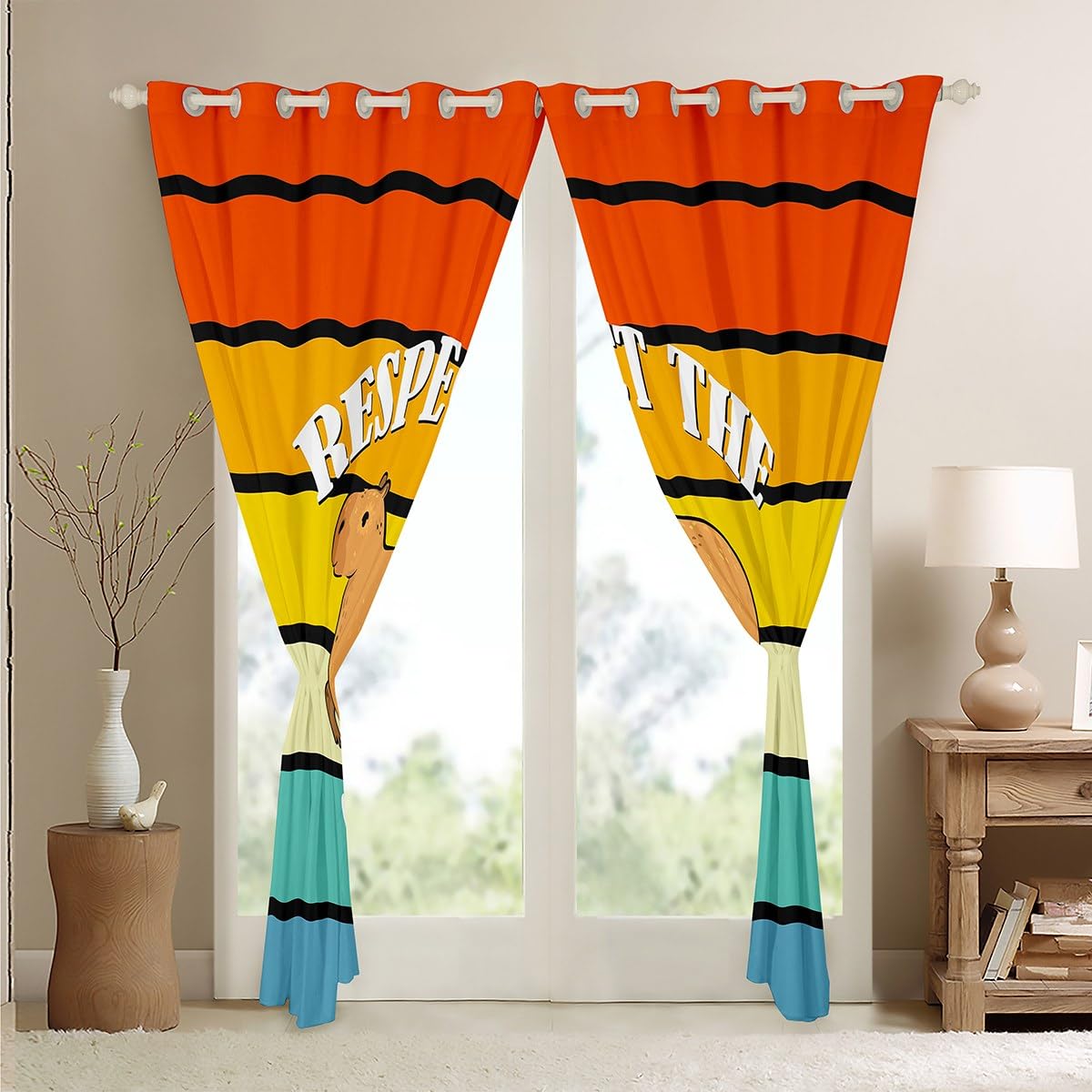 Kawaii Capybara Vorhänge 140Bx260L 2 Panels Cartoon Capybara Vorhänge Lustige Braune Nagetier Tier für Kinder Jugend Schlafzimmer Dekor Geometrische Streifen Verdunkelung Vorhänge, Regenbogenfarbe