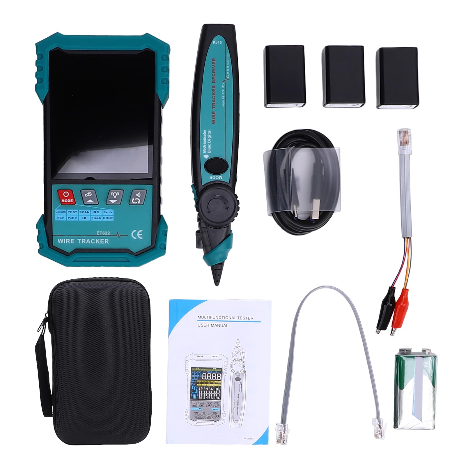 Netzwerk Kabeltester mit POE-Spannungserkennung, Kabel-Tracker, RJ45-Längenmessung (400 m), Kabeldurchgangsprüfung, blinkende Portanzeige, LAN-Testkit für Ethernet-/Internet-Wartung