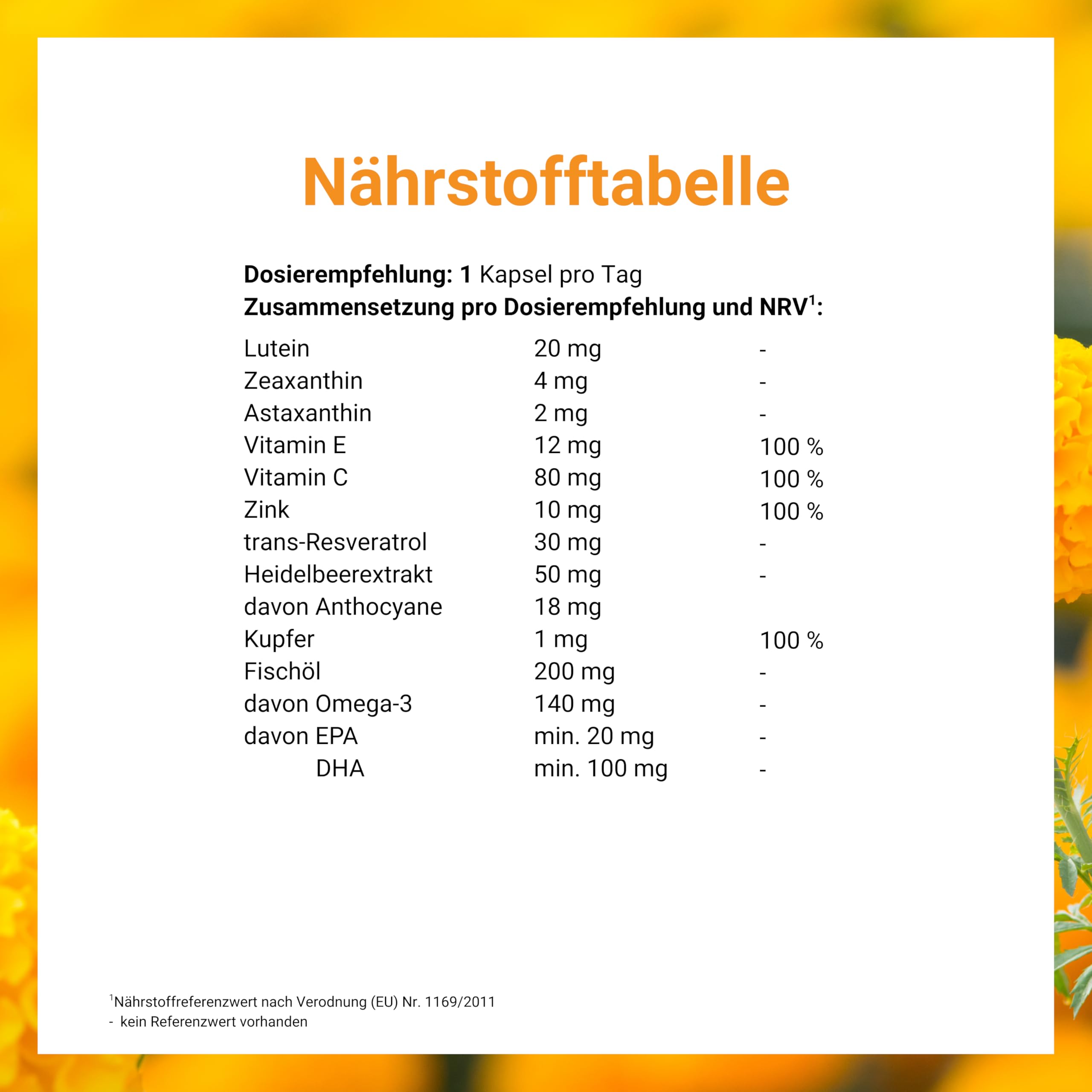 Kapseln | mit Lutein, Zeaxanthin, Astaxanthin, Vitamin E und C, Zink und Kupfer, Heidelbeerextrakt, Trans-Resveratrol und Omega-3-Fettsäuren