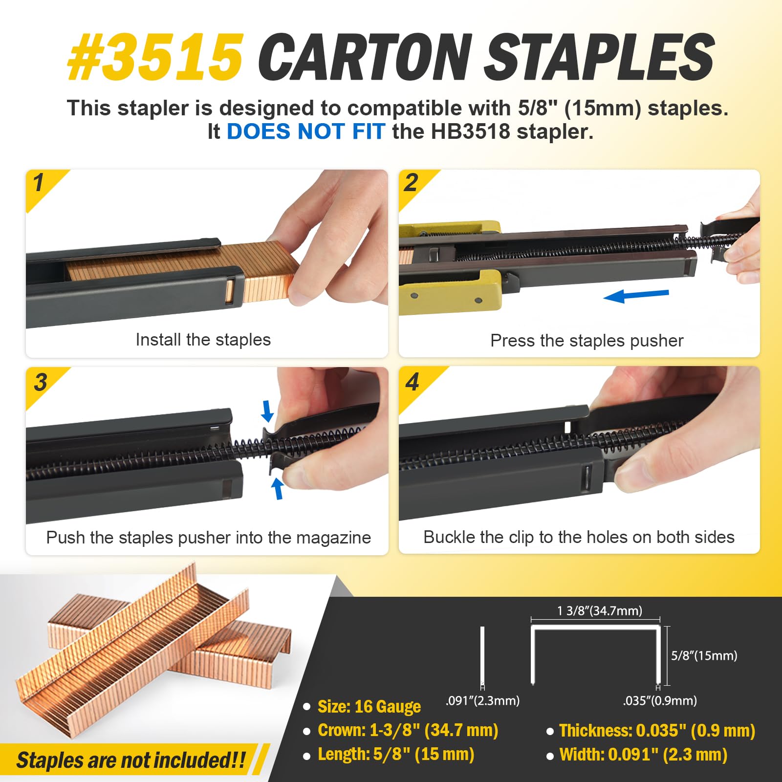 HB3515 Agrafeuse manuelle 16GA 34,7x15mm cartons ondulés sans air comprimé | 34,7mm couronne/15mm pattes, profondeur réglable, extracteur intégré, corps alu-léger, pour boîtes pliantes & emballages