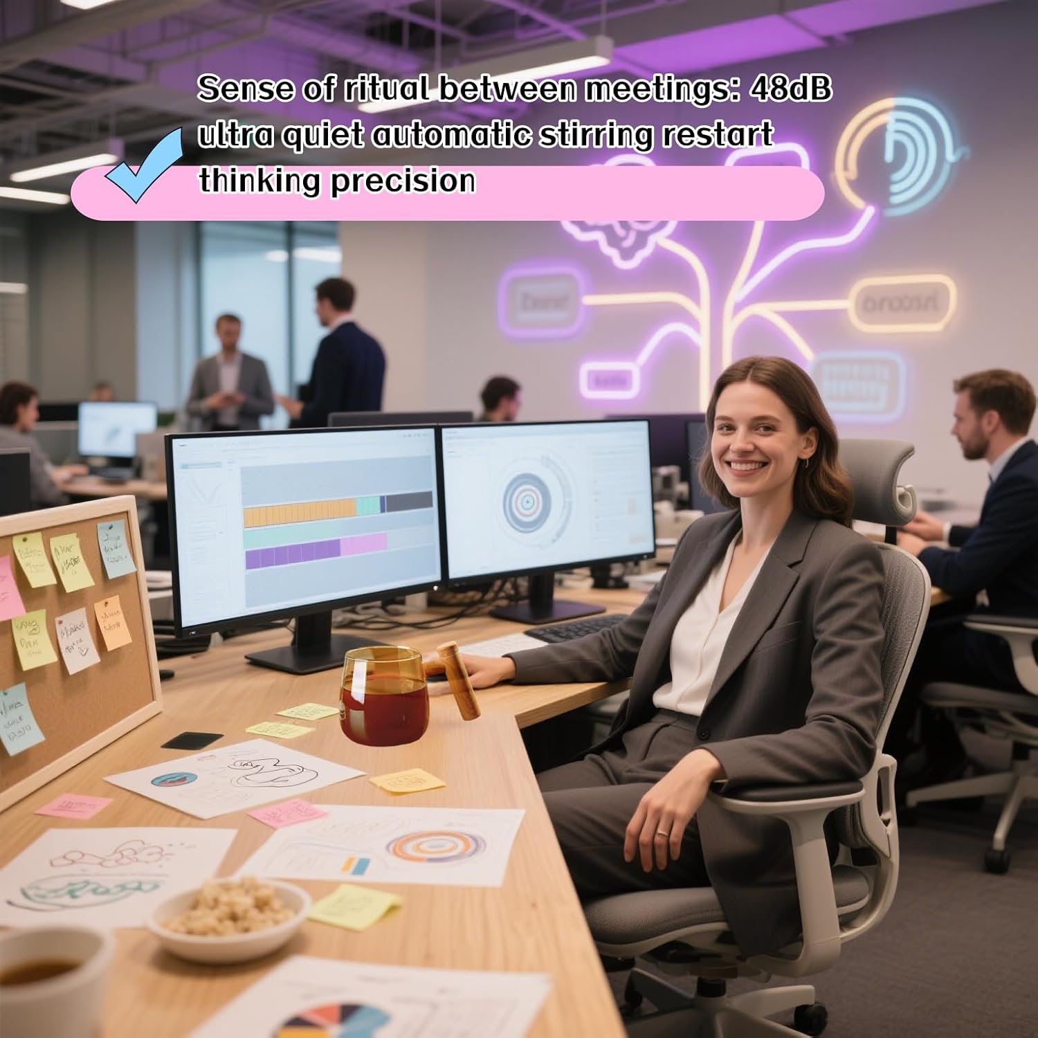 Self Stirring Coffee Mug, 400ml 6000 RPM Electric Mixer Cup, Heat-Protection Glass Coffee Blender with Lid, 48 dB , for Home/Office, Creative Gift (Champagne gold glass  light wood grain handle)