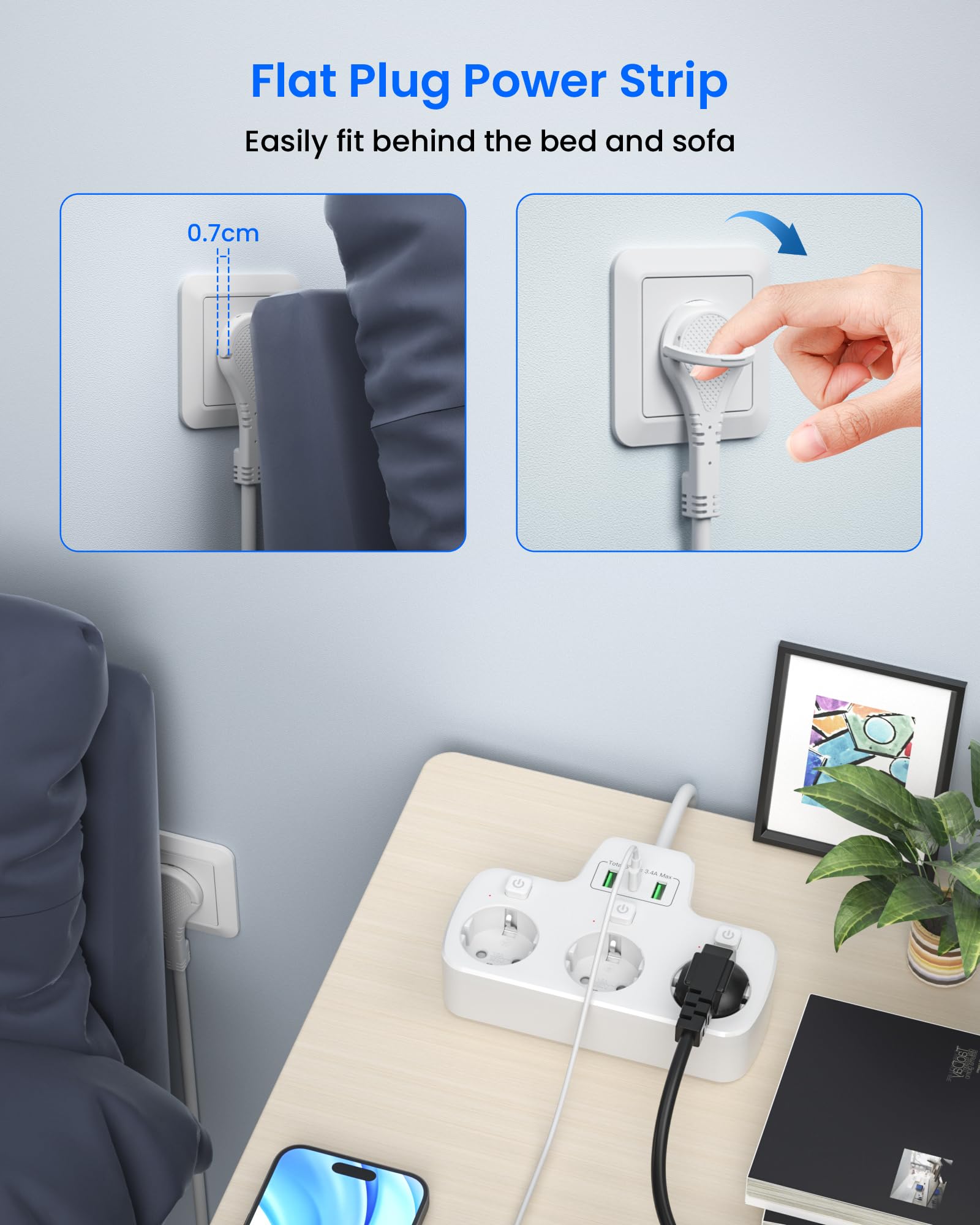 Regleta Enchufes Plano con Interruptor Individual,Ladron Enchufes USB C 3 Tomas Schuko,Enchufe Multiple Pared Clavija Extra Plana,Outlet Extender 2M Alargador Cable,Tomadas Electricas,Blanco