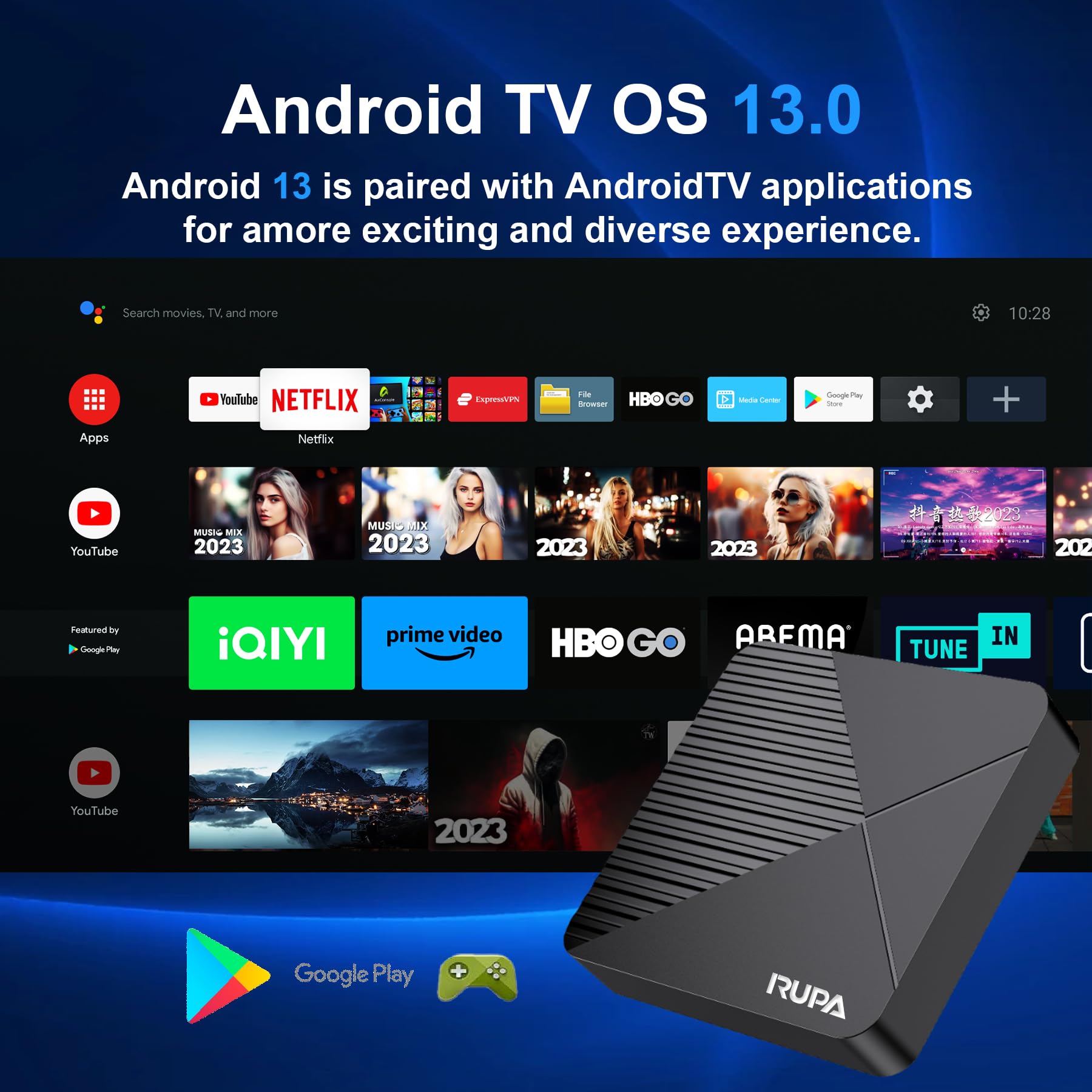 RUPA Android TV Box 13.0, 2025 Android Box avec RAM 2G ROM 16G 3D HD 8K WiFi6 Enternet10/100M BT5.0 USB3.0 HDR10 Cast Screen Smart TV Box