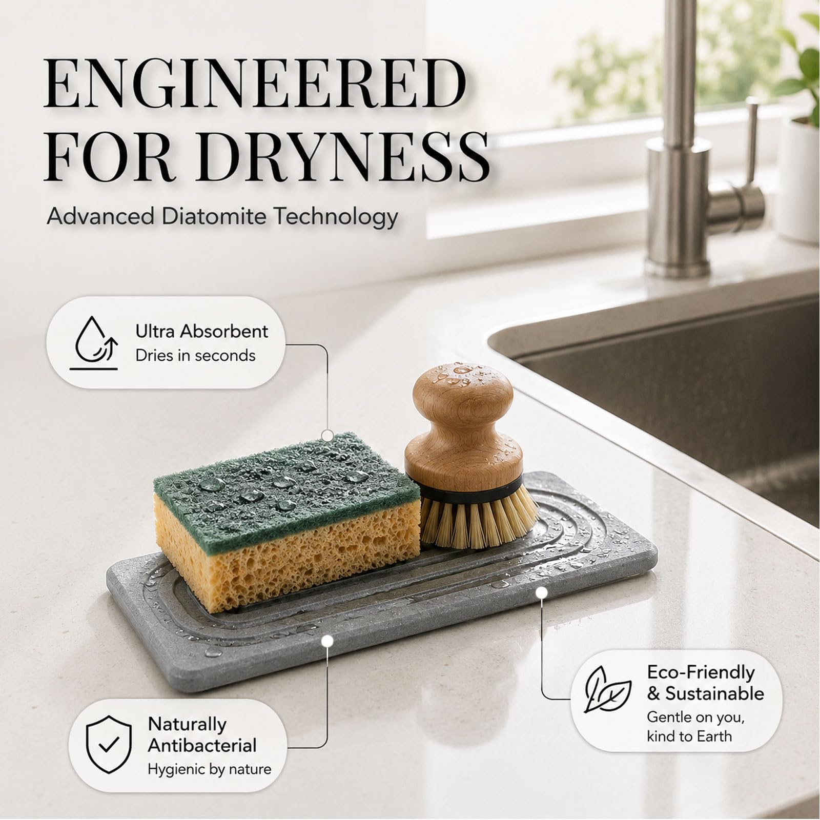 Set da 2 vassoi da bagno, sottobicchieri in diatomite assorbenti, tappetino in pietra ad asciugatura rapida per piano cucina, portasapone per bagno e cucina (grigio, 21 x 10 cm)