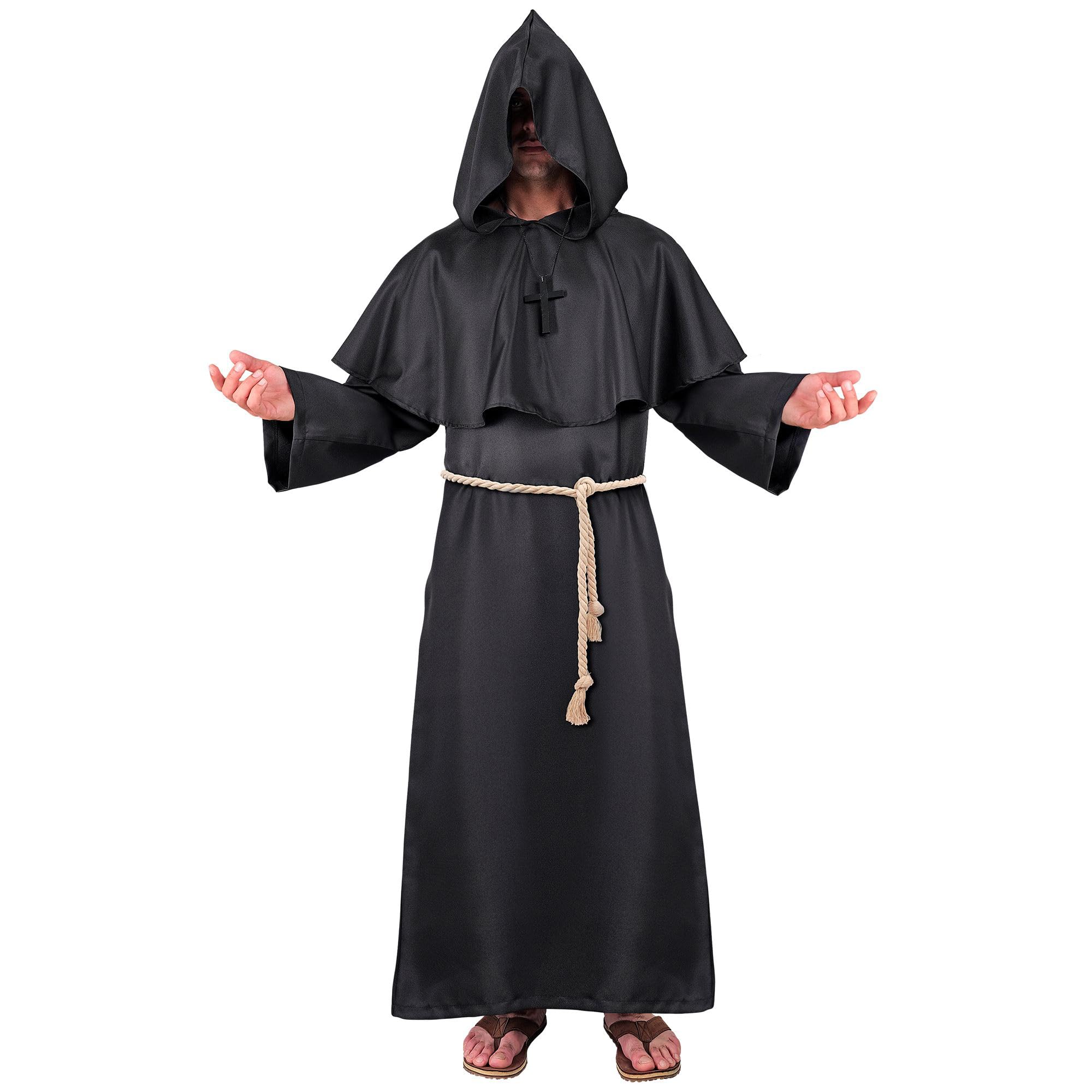 W WIDMANN MILANO Party Fashion - Dark Monk Costume, Hooded Robe, Belt, Cross Chain, Clergy, Priest, Fancy Dress Costumes