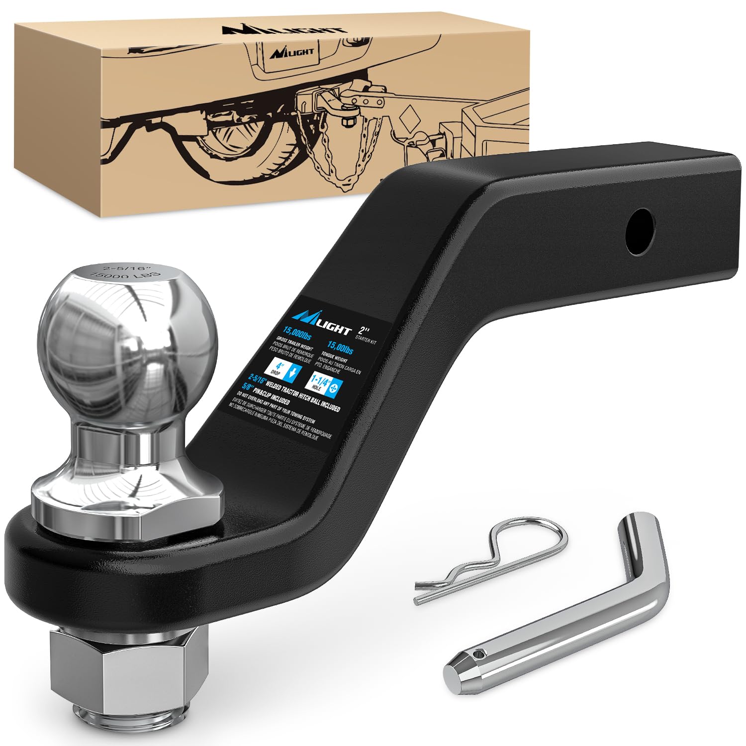 Nilight Forged Trailer Hitch Mount with 2-5/16" Ball | Fits 2 Inch Receiver Square 5/8" Hitch Pin Clip 15000 lbs 4" Drop, 1-1/4” Hole, Gloss Black Powder Coat