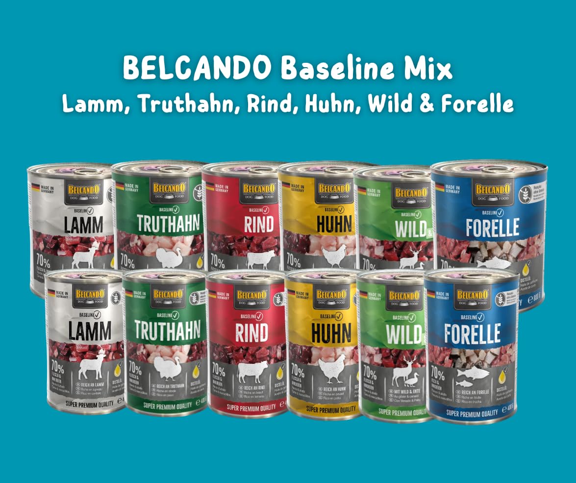 Belcando Baseline Sparpaket 2x6x800g – Nassfutter Mix für Hunde mit 6 Sorten: Forelle, Rind, Lamm, Huhn, Wild & Ente, Truthahn – Premium Hundenahrung aus Deutschland – ohne Zucker & Soja