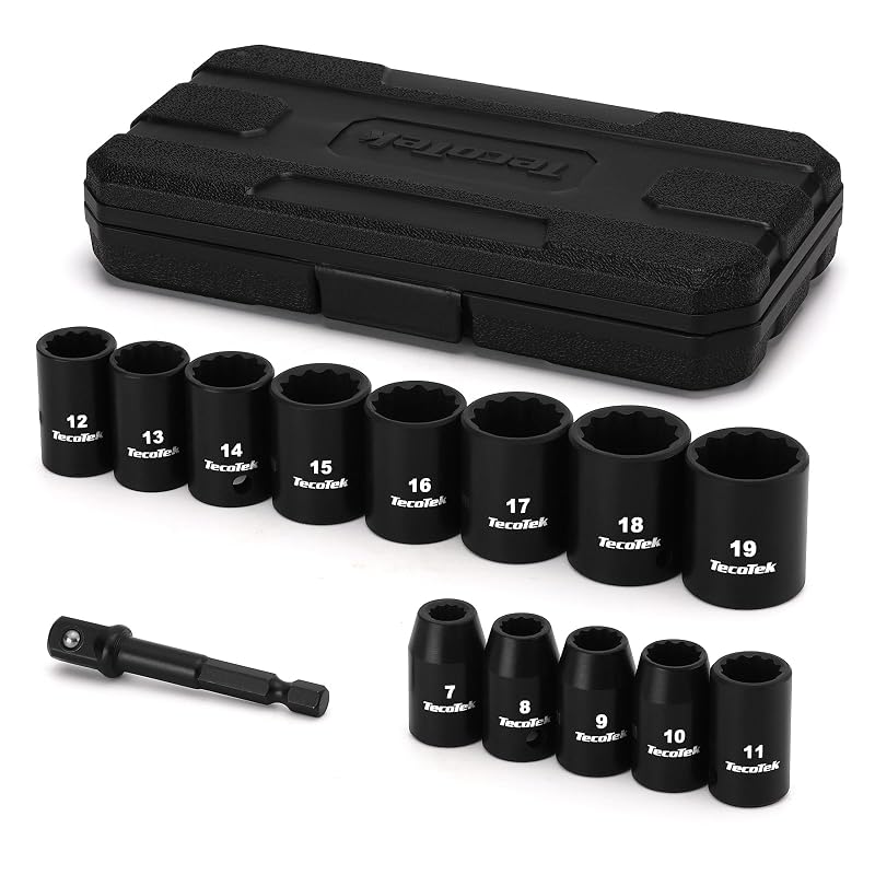 Jogo de Soquetes de Impacto TecoTek com 14 Peças, Encaixe de 9,5 mm (3/8 pol.), 12 Pontos, Métrico, Curto, Aço Cromo-Vanádio, 7 a 19 mm, Modelo TC023