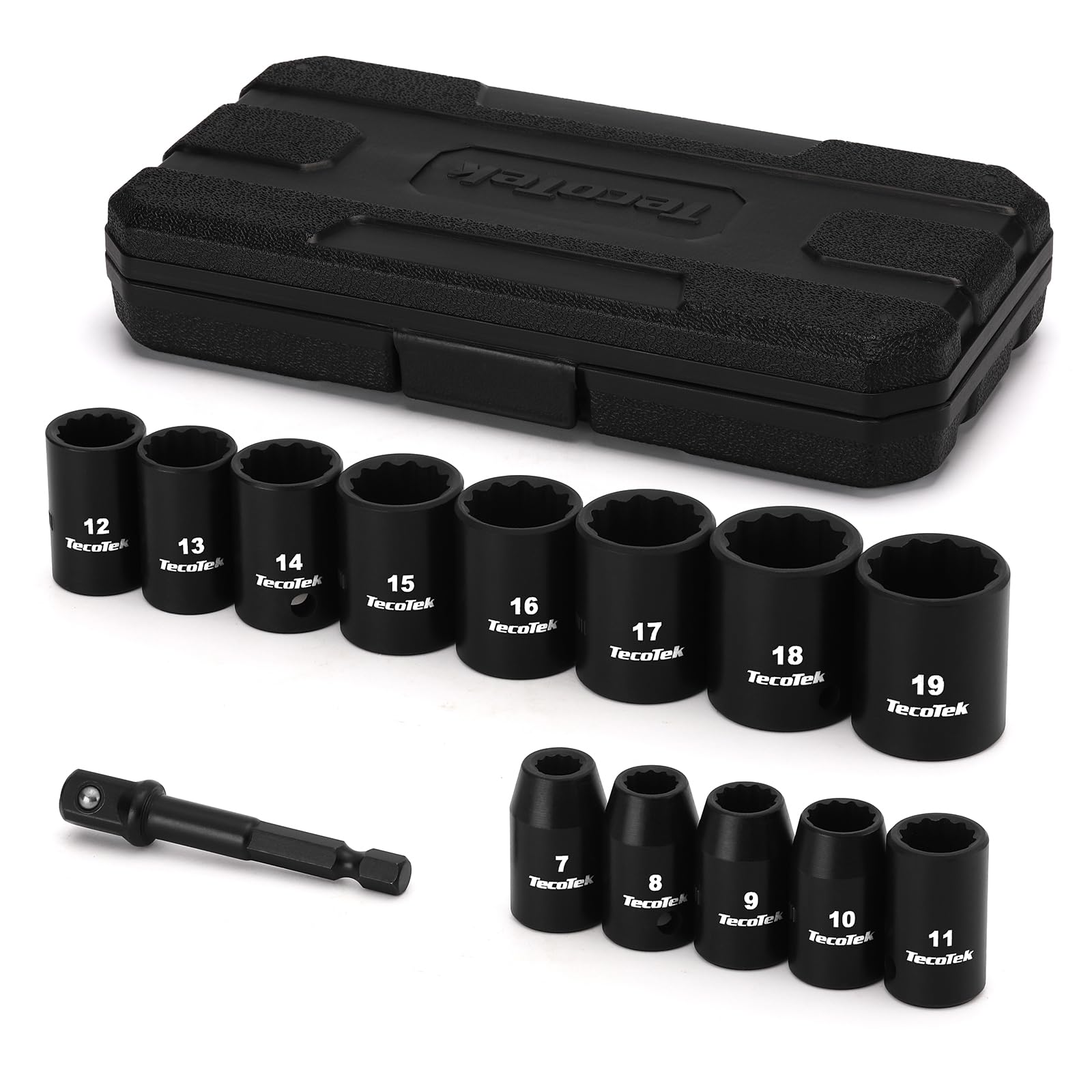 TecoTek 14 Pieces 3/8-Inch Drive Impact Socket Set, 12-Point, Metric, Shallow, CR-V, 7mm to 19mm, Drill Socket Adapter 3/8"