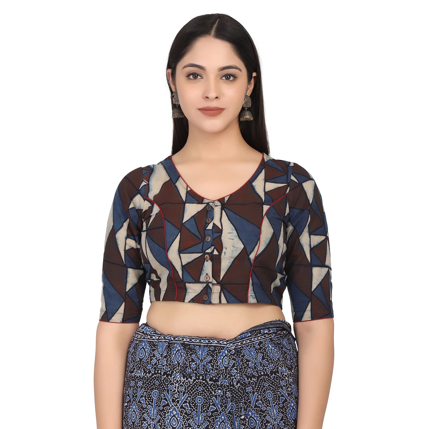 Blue Hand Block Printed Ajrakh Non Paded Cotton Ready to Wear Blouse-image-16