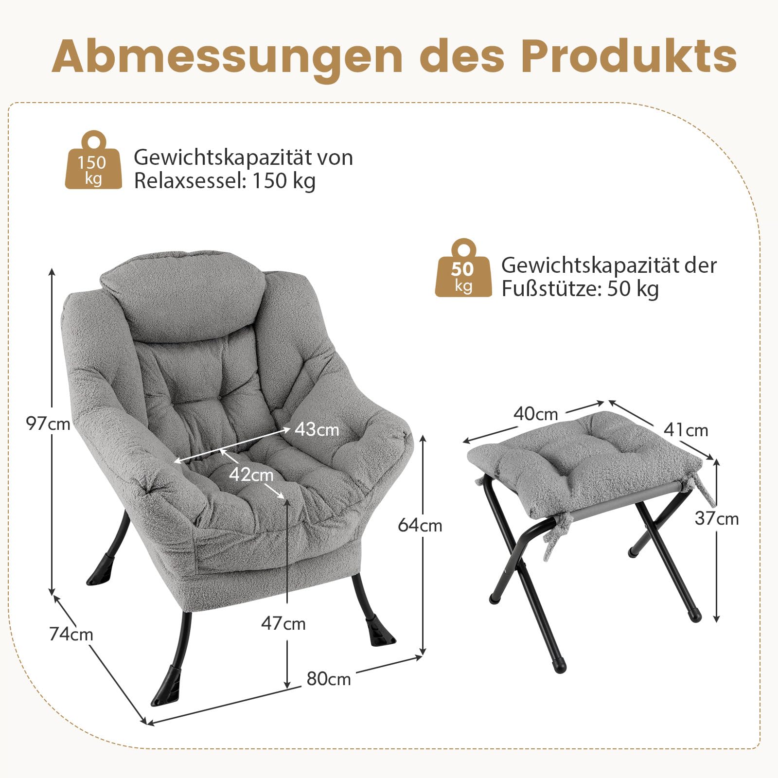 COSTWAY Sessel mit Hocker, Relaxsessel mit Armlehnen, Seitentasche & Fußstütze, Loungesessel, Fernsehsessel, gepolsterter Ohrensessel für Wohnzimmer, Schlafzimmer, Büro (Grau)
