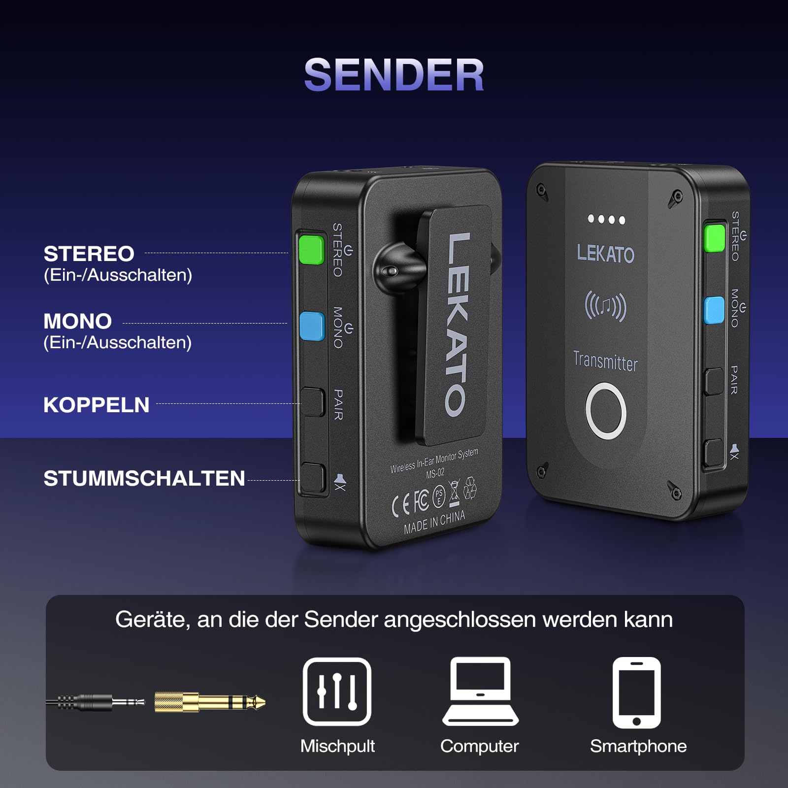 LEKATO MS-02 Drahtloses In-Ear Monitoring System, Professionelles kabelloses 2.4G IEM-System mit Sender & Empfänger im Mono- und Stereo-Mode, Eins zu Mehr- geeignet für Bandproben und Live-Auftritt