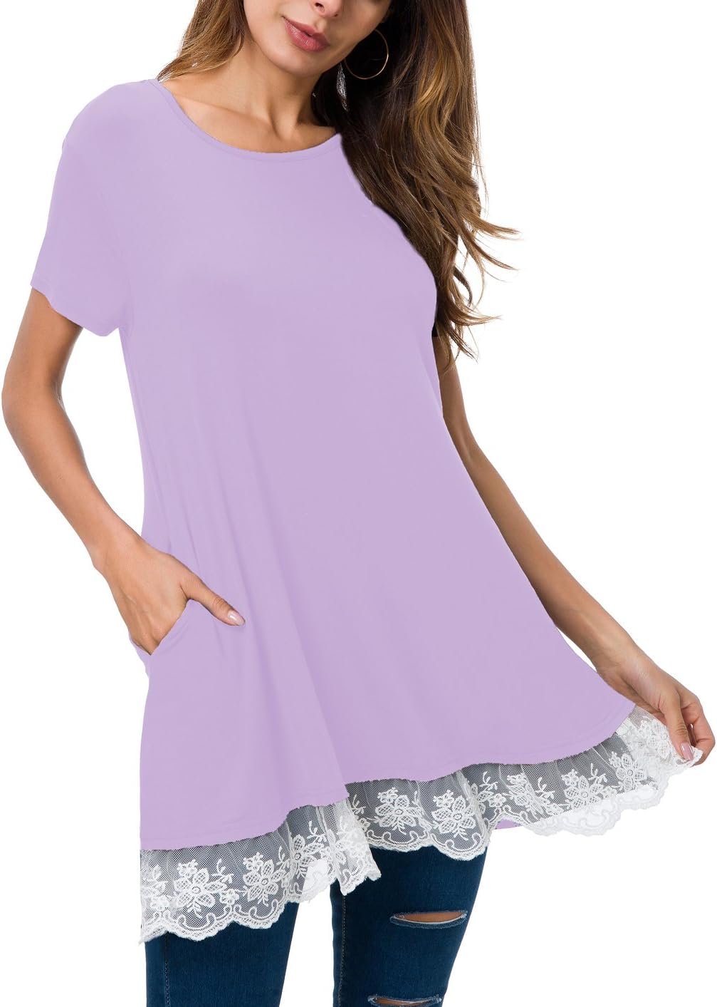 Women's Short Sleeve A-Line Flowy Tunic Tops (Small, Shortsleeve-Purple)