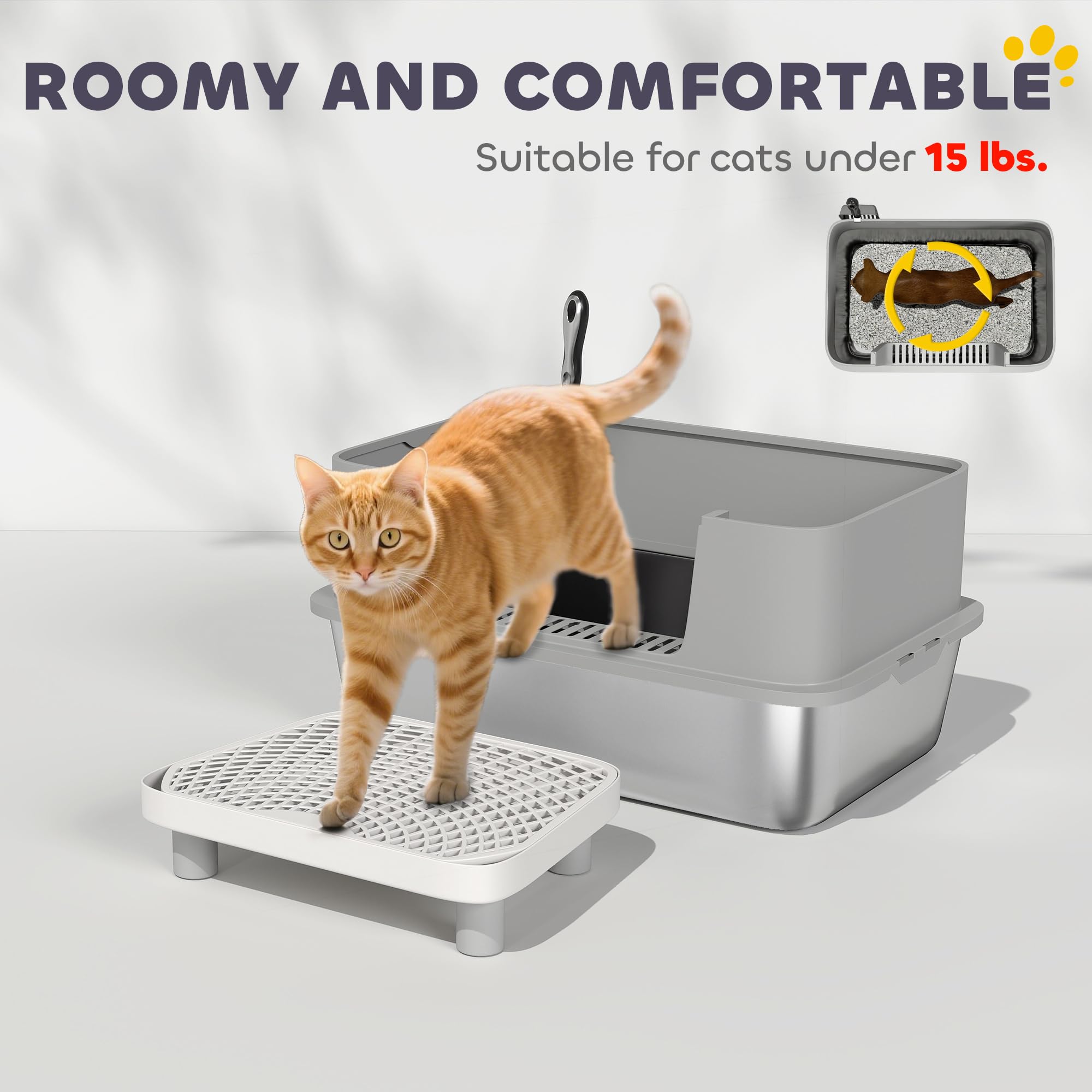PawHut Stainless Steel Litter Box, Extra Large High Sided Cat Litter Box with Scoop, Pedal, Anti-Urine Leakage, Non-Sticky and Easy Cleaning, Gray - image 6