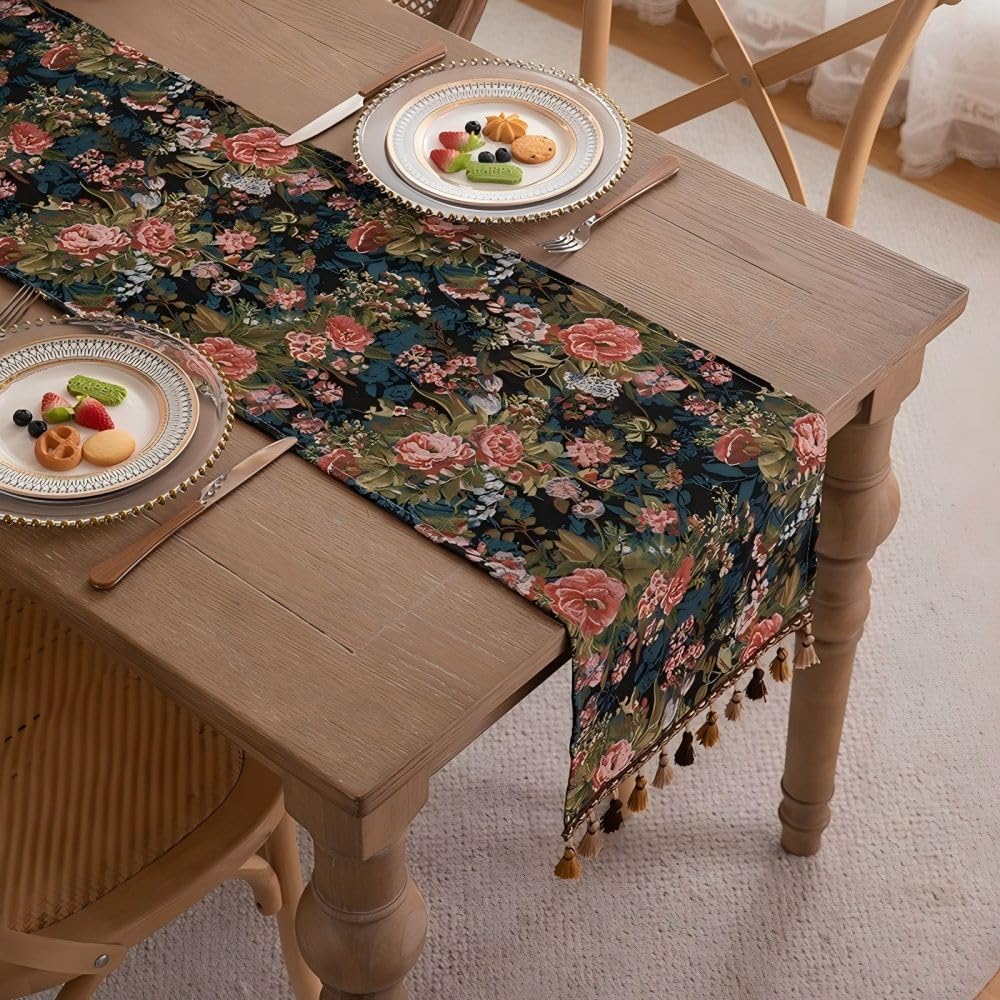 Clothfuna Bohemia Jacquard Table Runner, Spring Flower Dining Table Runner with Tassels for Coffee Table Party Holiday Outdoor (Black and Pink, 33x400 cm/ 13x157 inch)