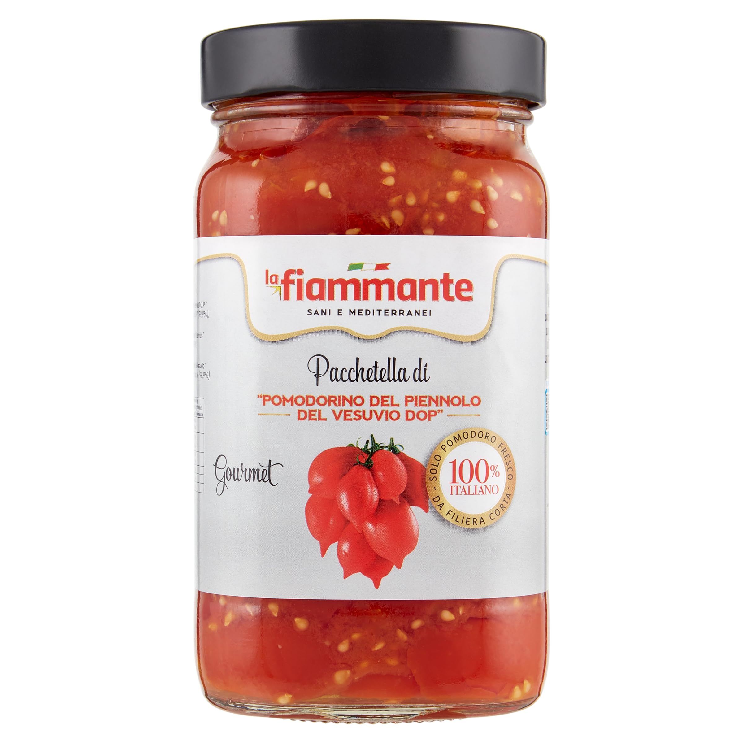 la fiammante Gourmet Pacchetella di "Pomodorino del Piennolo del Vesuvio DOP" 450 g