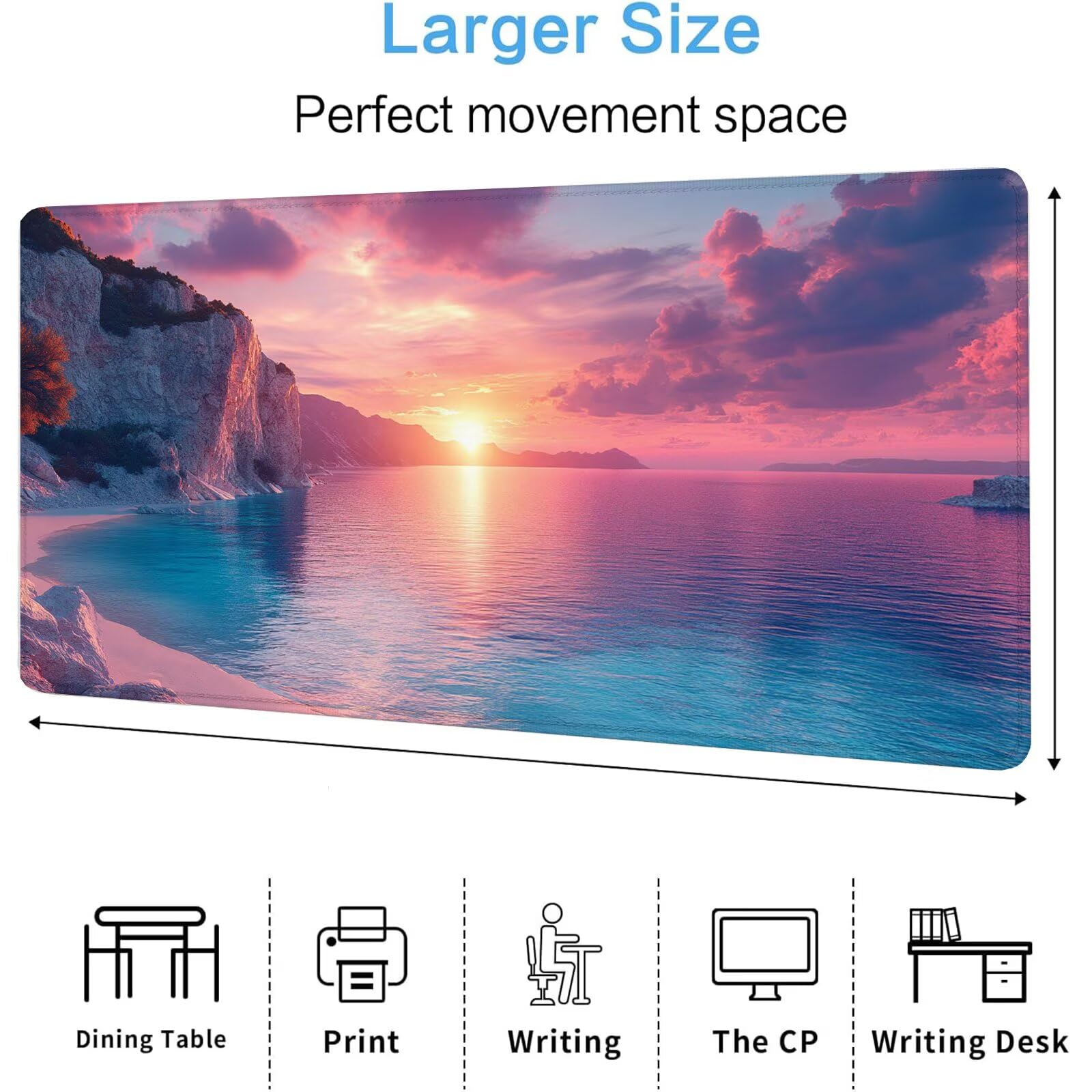 Podkładka pod mysz z zachodem słońca XXL plaża 1600 x 800 x 4 mm podkładka pod mysz do gier, duża wodoodporna antypoślizgowa podkładka na biurko, podkładka pod mysz szyte krawędzie dla graczy,