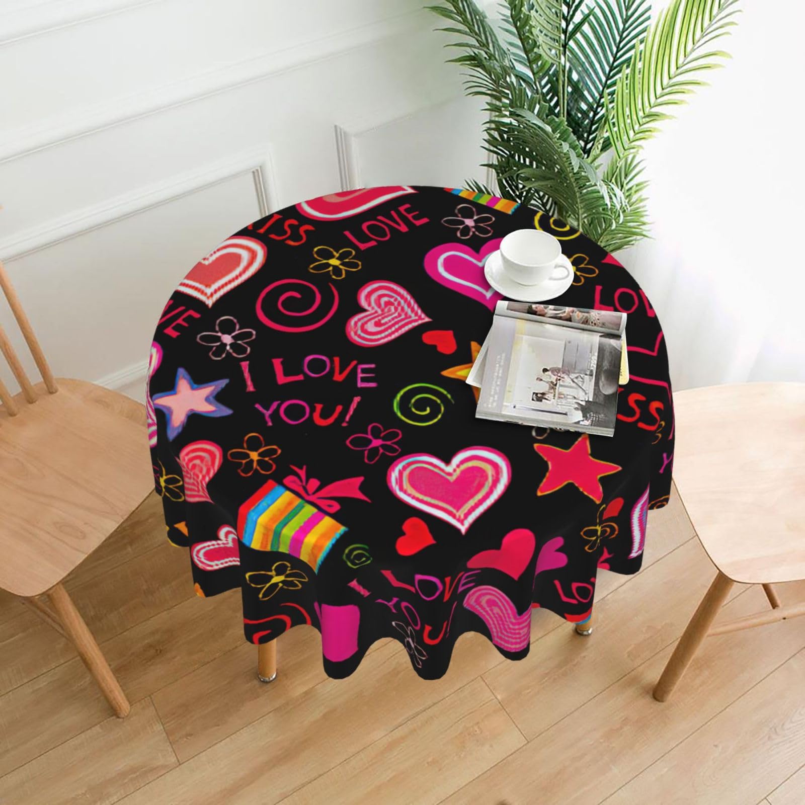Uusnwaa Multiple Symbols Print Round Tablecloth 60 Inch, Stain Wrinkle Resistant Washable Polyester Table Cover For Kitchen Party