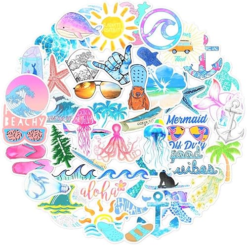 66 calcomanías de hidrofrask, calcomanías temáticas de playa oceánica para laptop, botella de agua, frascos de agua, pared, parachoques,