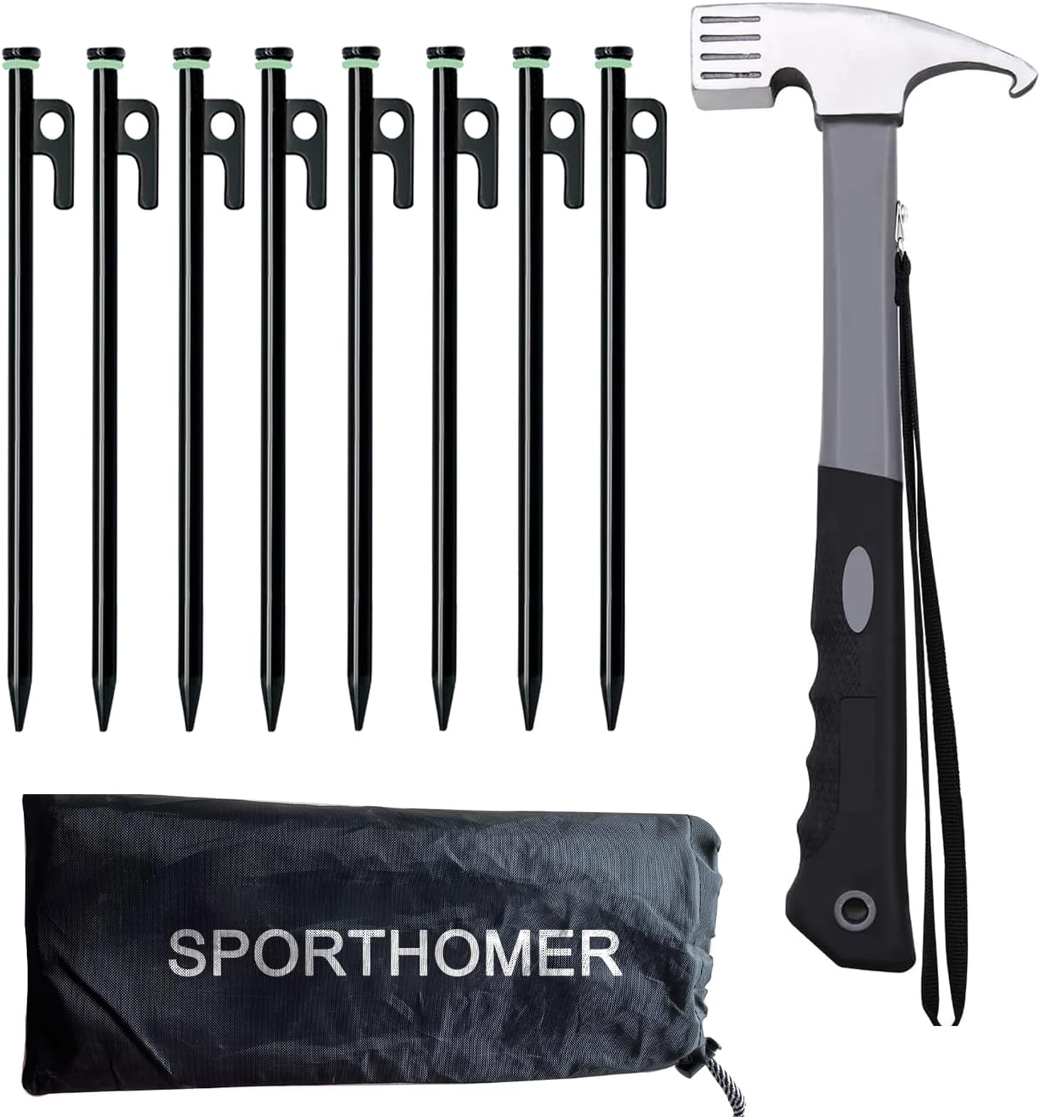 Tent Stake and Hammer Set, 8pcs 10in Heavy Duty Tent Stakes with 12in Camping Hammer, Reflective Camping, Rope Storage Pouch, Forged Steel Tent Pegs for Camping, Hiking, and Graden