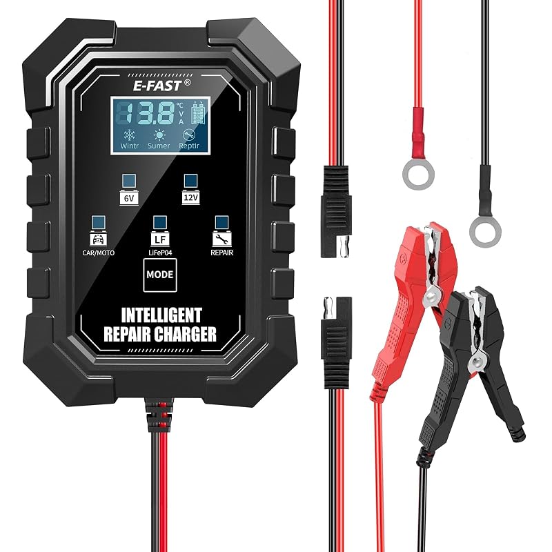 Carregador Inteligente E-FAST 1,5 A para Baterias de Chumbo-Ácido 6 V e 12 V, com Display LCD, Manutenção e Reparo por Pulso TK612