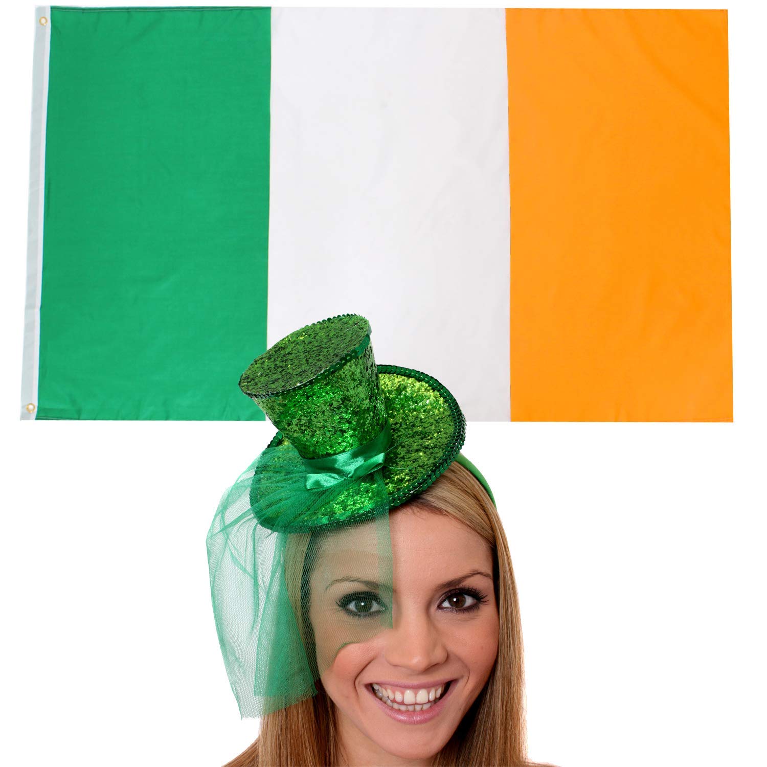 IRISH FLAG & HAT - 3X5 FT IRELAND FLAG + MINI GREEN GLITTER TOP HAT - IRELAND FANCY DRESS ACCESSORY KIT - PERFECT FOR ST PATRICKS DAY OR SPORTS SUPPORTERS (ONE SIZE) โ image 1