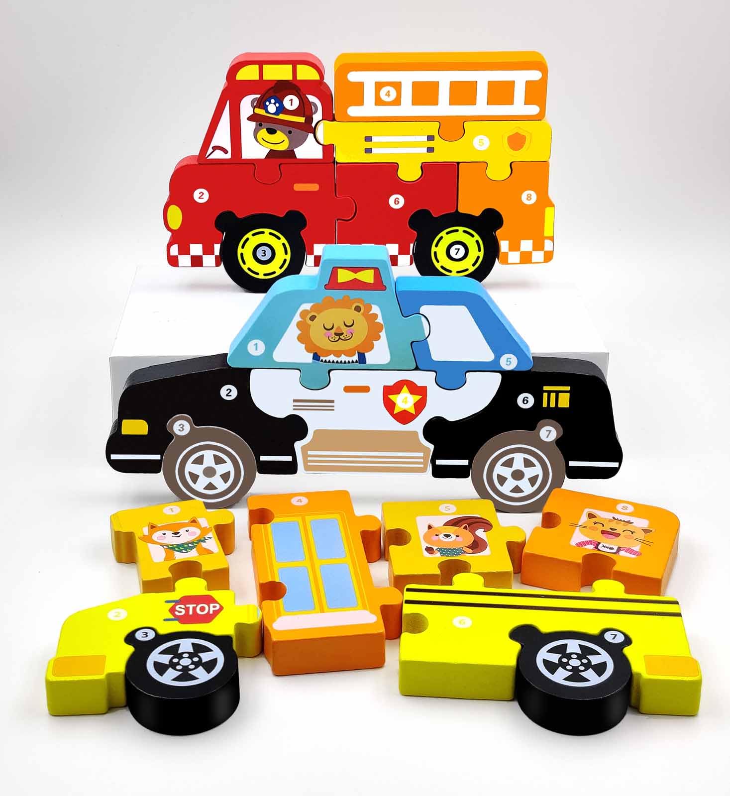 Puzzle in Legno per Bambini 2 3 4 5 Anni, Giocattolo Montessori Educativo, 4 PCS, Auto della Polizia e Auto dei Pompieri, Regalo per Ragazzi