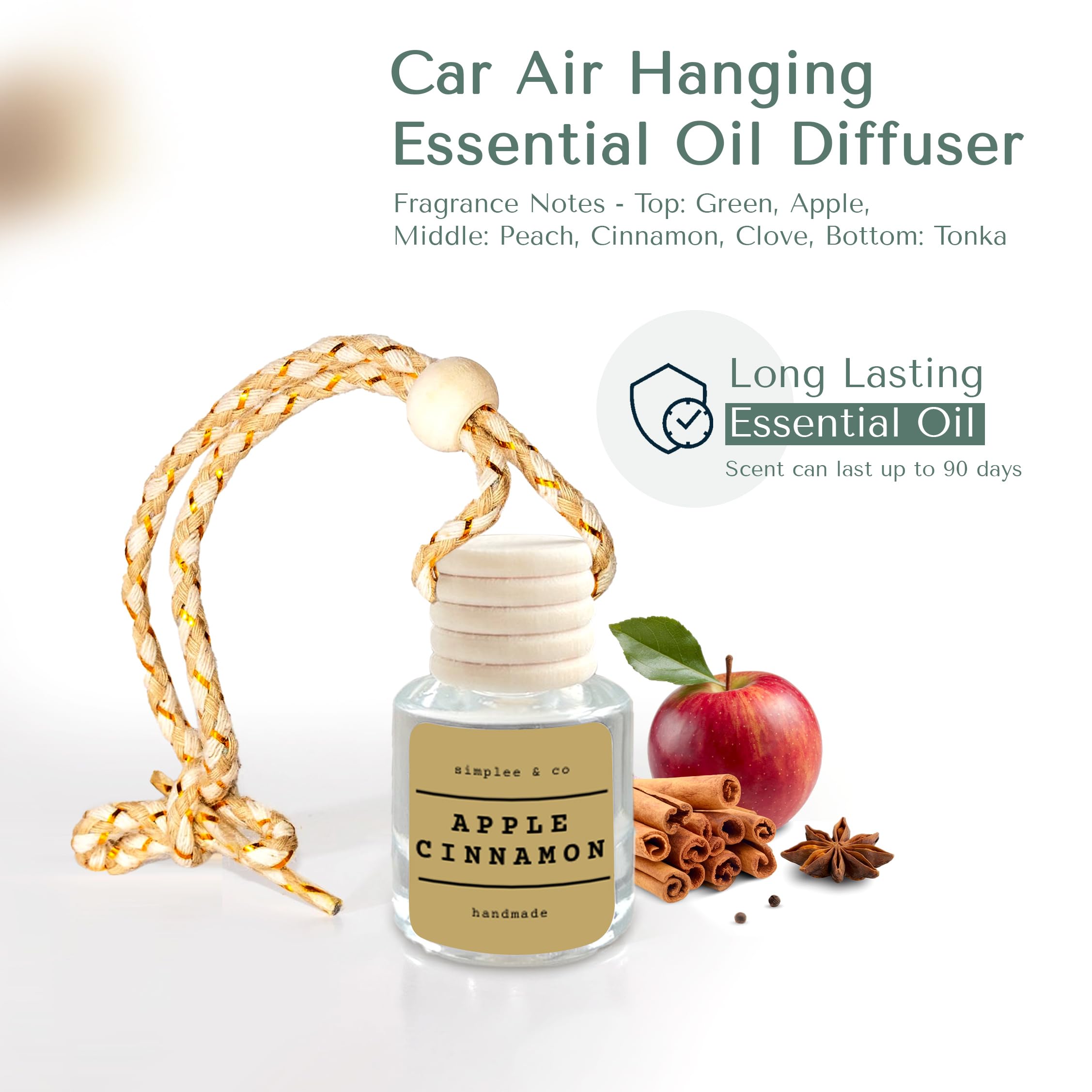 Apple Cinnamon Car Air Hanging Essential Oil Diffuser, Car Air Freshener with Essential Oils, Aromatherapy Vehicle Diffuser, Long Lasting by Simplee & Co