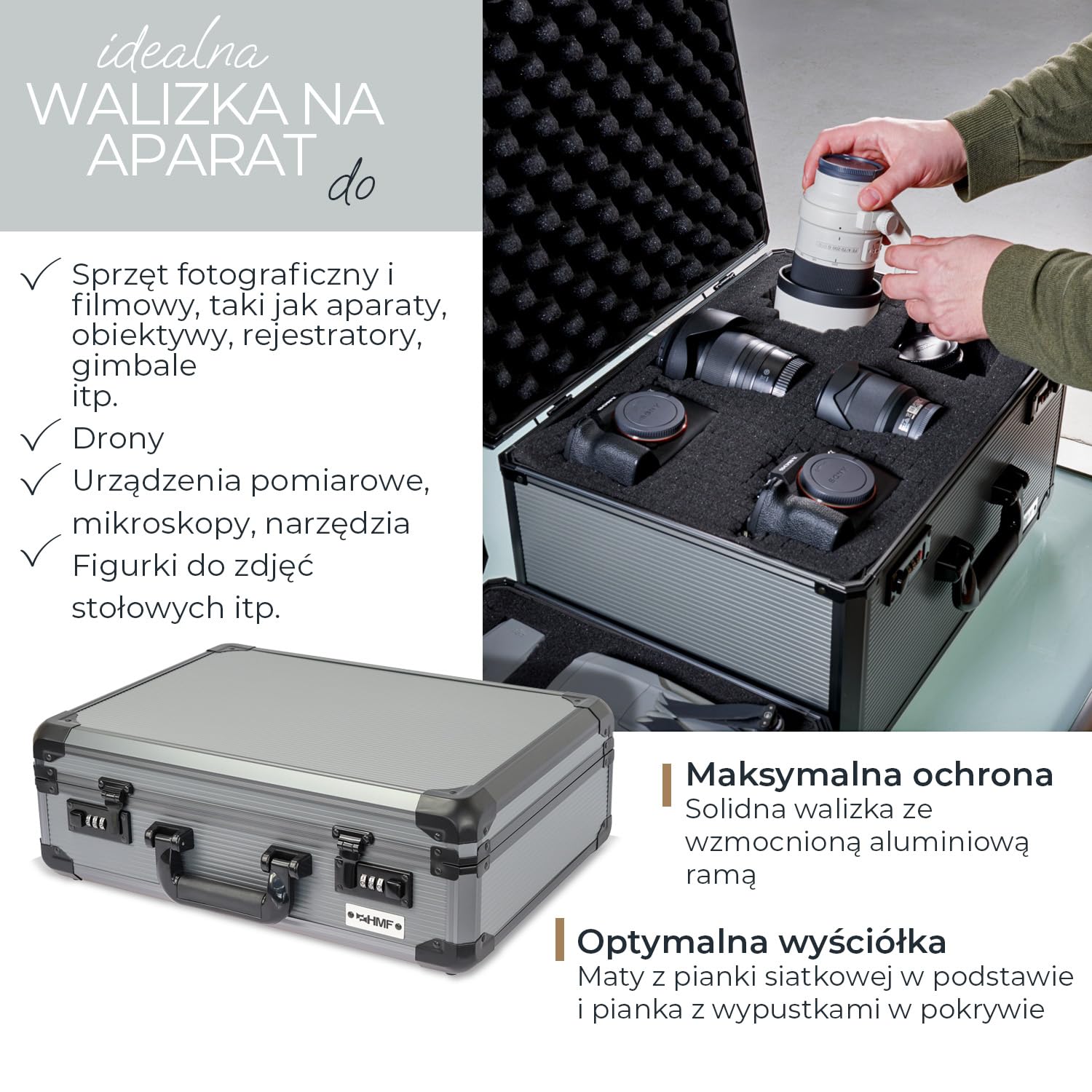 HMF 14402900 aluminiowa walizka na przybory fotograficzne, walizka na broń z pianką rastrową, różne rozmiary