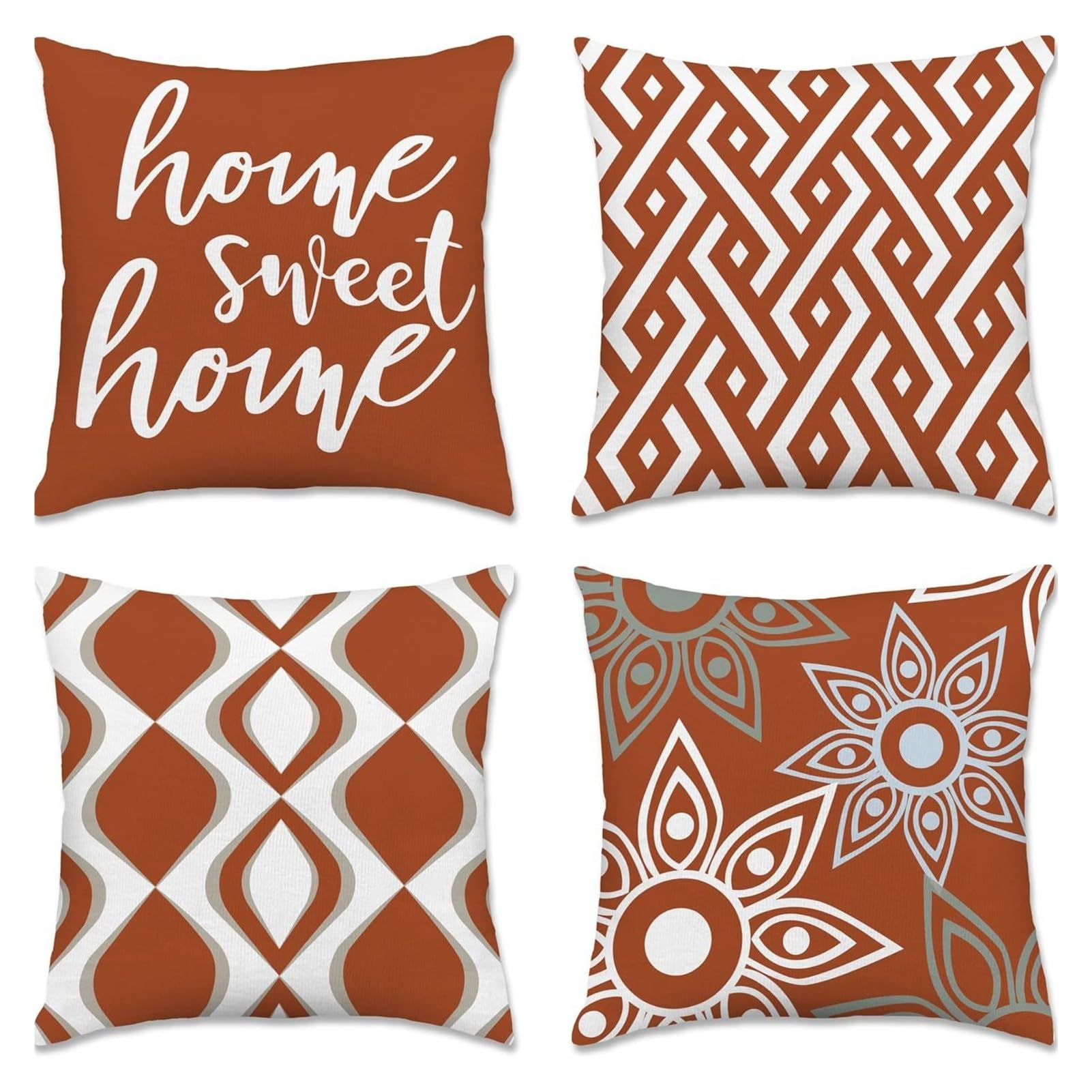4Pcs Boho Throw Pillow Covers 18x18 Inch, Linen Home Sweet Home Decorative Square Cushion Cases, Farmhouse Modern Neutral Sofa Couch Bed Outdoor Patio Pillow Covers (Terracotta Burnt Orange)