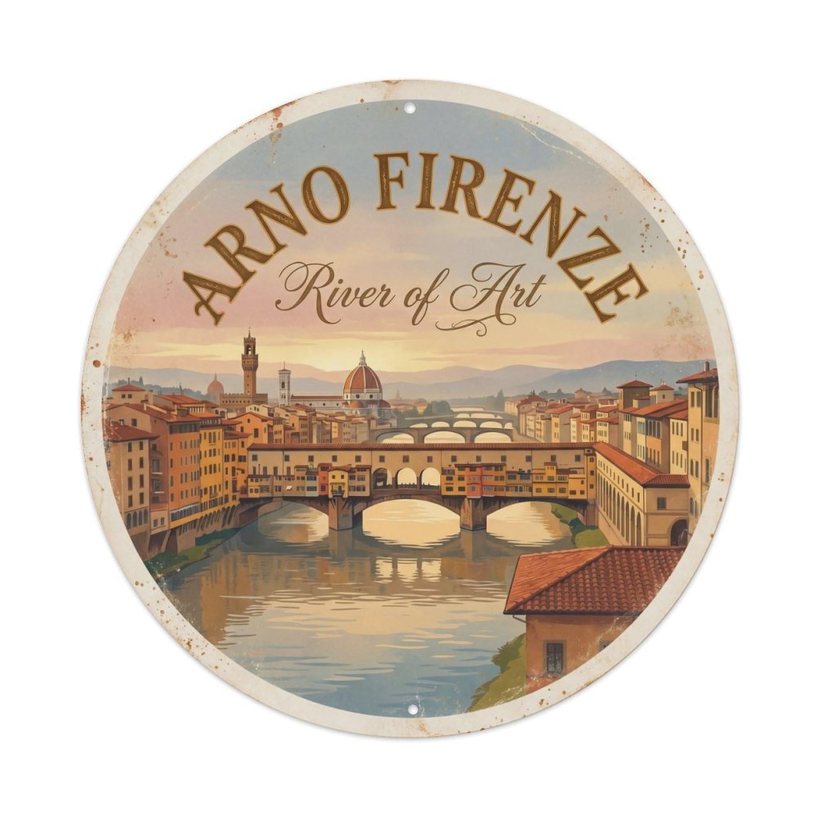 Vintage Travel Florence Arno River Metal Tin Sign Plaque Wall Decor for Cafe, Club, Garden Round Metal Poster 8x8Inch