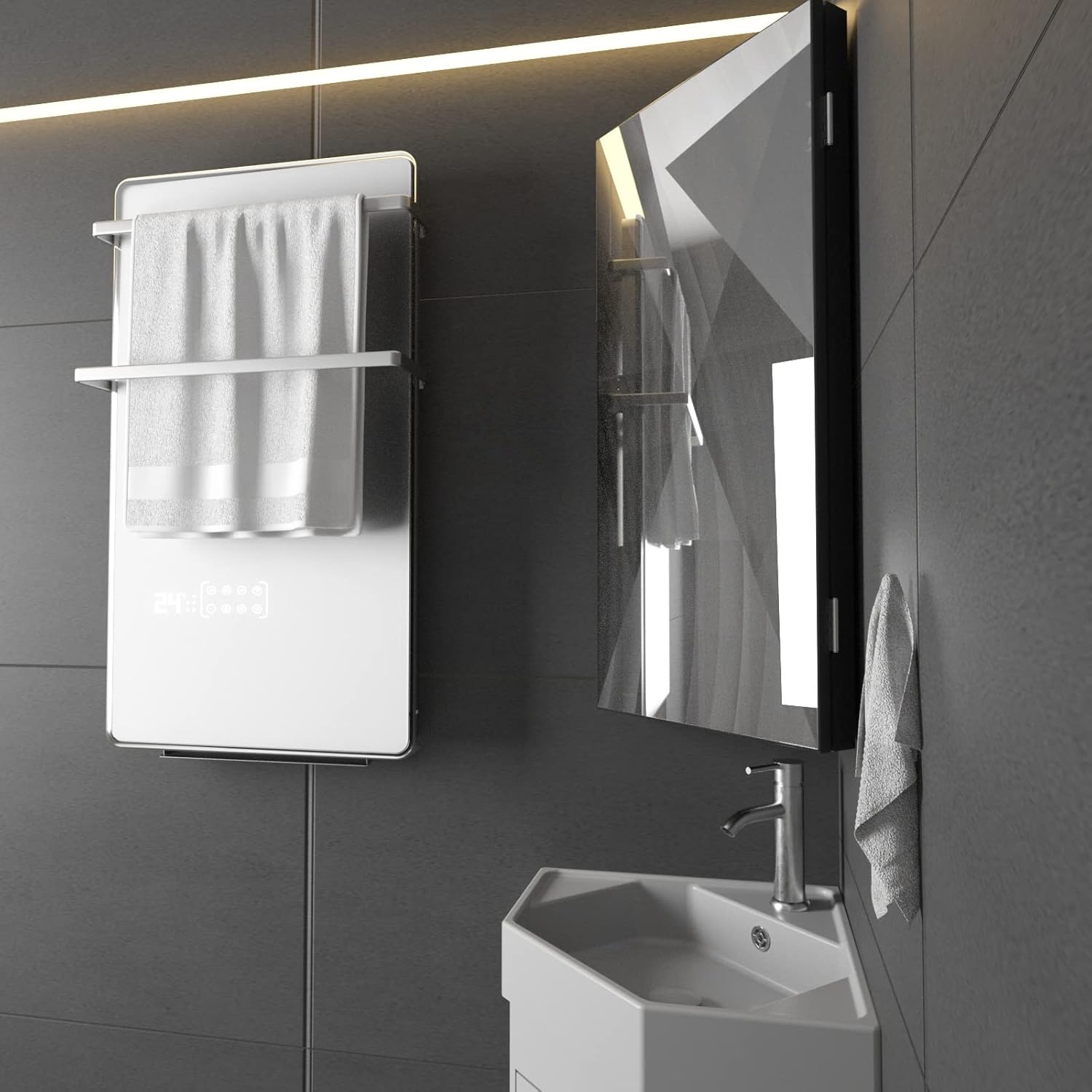 eclife 24" Bathroom Corner Medicine Cabinet W/Mirror, Single Door Bathroom Black Wall Mount Mirror Cabinet, Hanging Triple Shelf Storage Cabinet Opens Left to Right