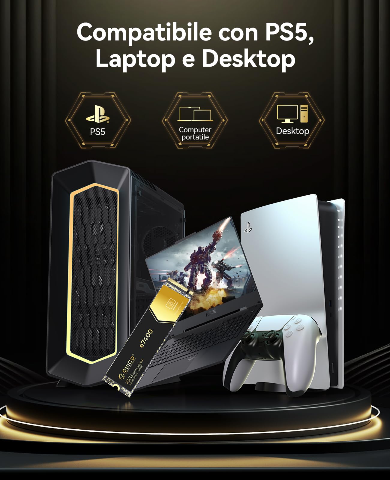 ORICO NVMe 1TB SSD M.2, PCIe 4.0X4 - Fino a 7200MB/s SSD M2, 3D NAND Flash Unità a Stato Solido Interno, Compatibile con macOS Windows per Giocatori e creatori-e7400