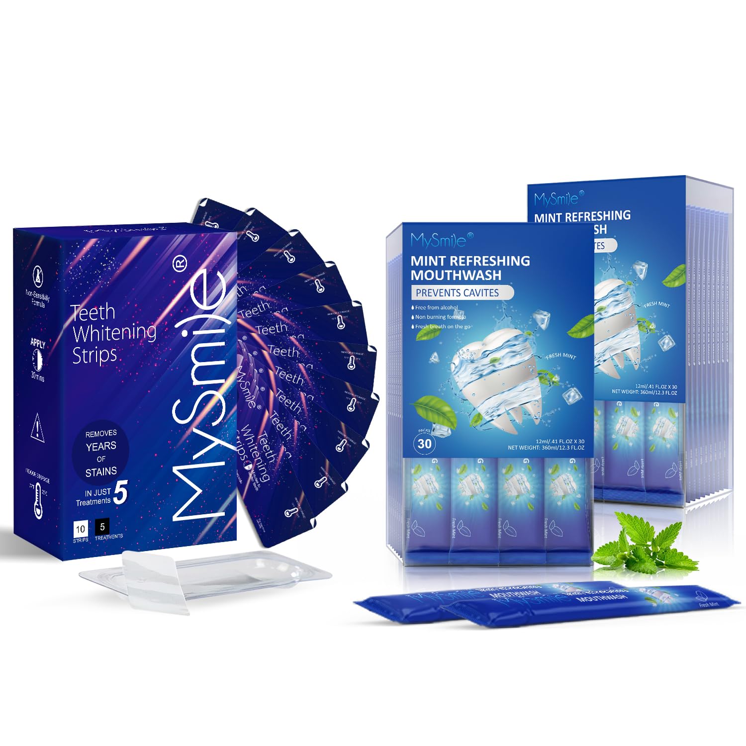 MySmile Advanced Teeth Whitening Strips - 10 Whitening Strips Dental Stain Remover for Whiter Smile - Mouthwash Alcohol Free-Travel Mouthwash Helps Kill 99% of Bad Breath Germs - 30 Uses (0.41 Fl Oz (