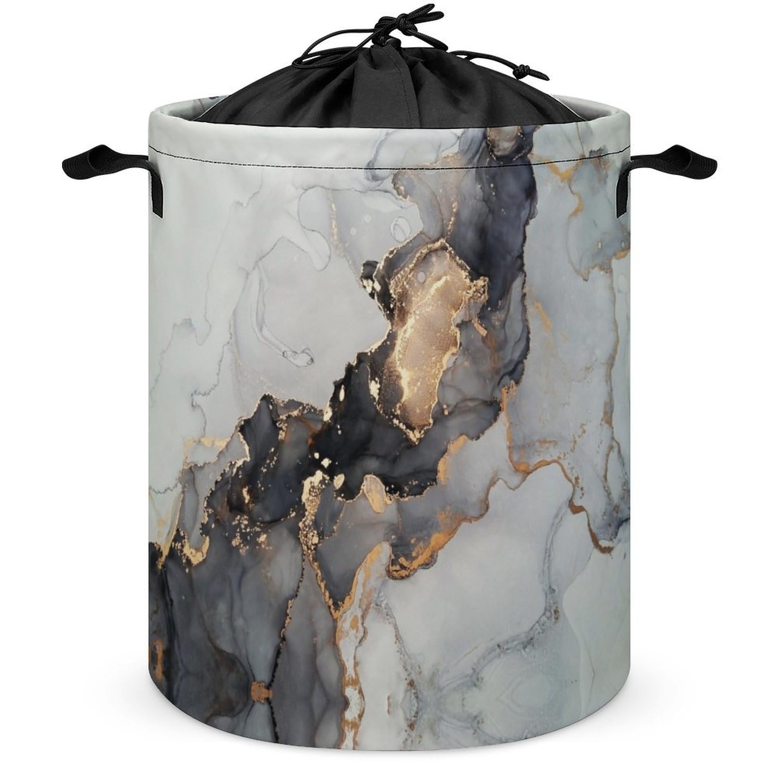 Wlntrophic Drawstring Laundry Hamper, Black Gold Marble Laundry Basket, Washing Basket with Handle