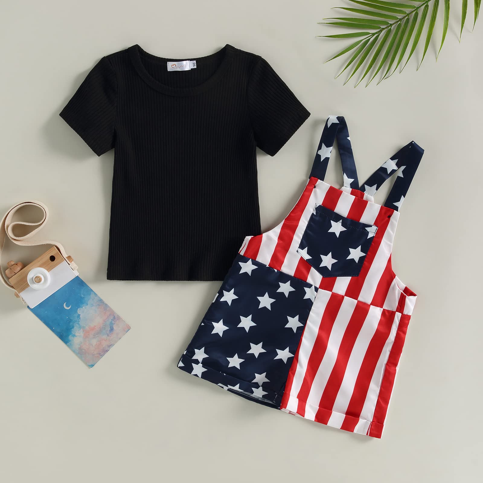 LIOMENGZI 4th of July Baby Girl Outfits Cotton Ribbed Plain Tshirt American Flag Overall Romper Short Summer Clothes
