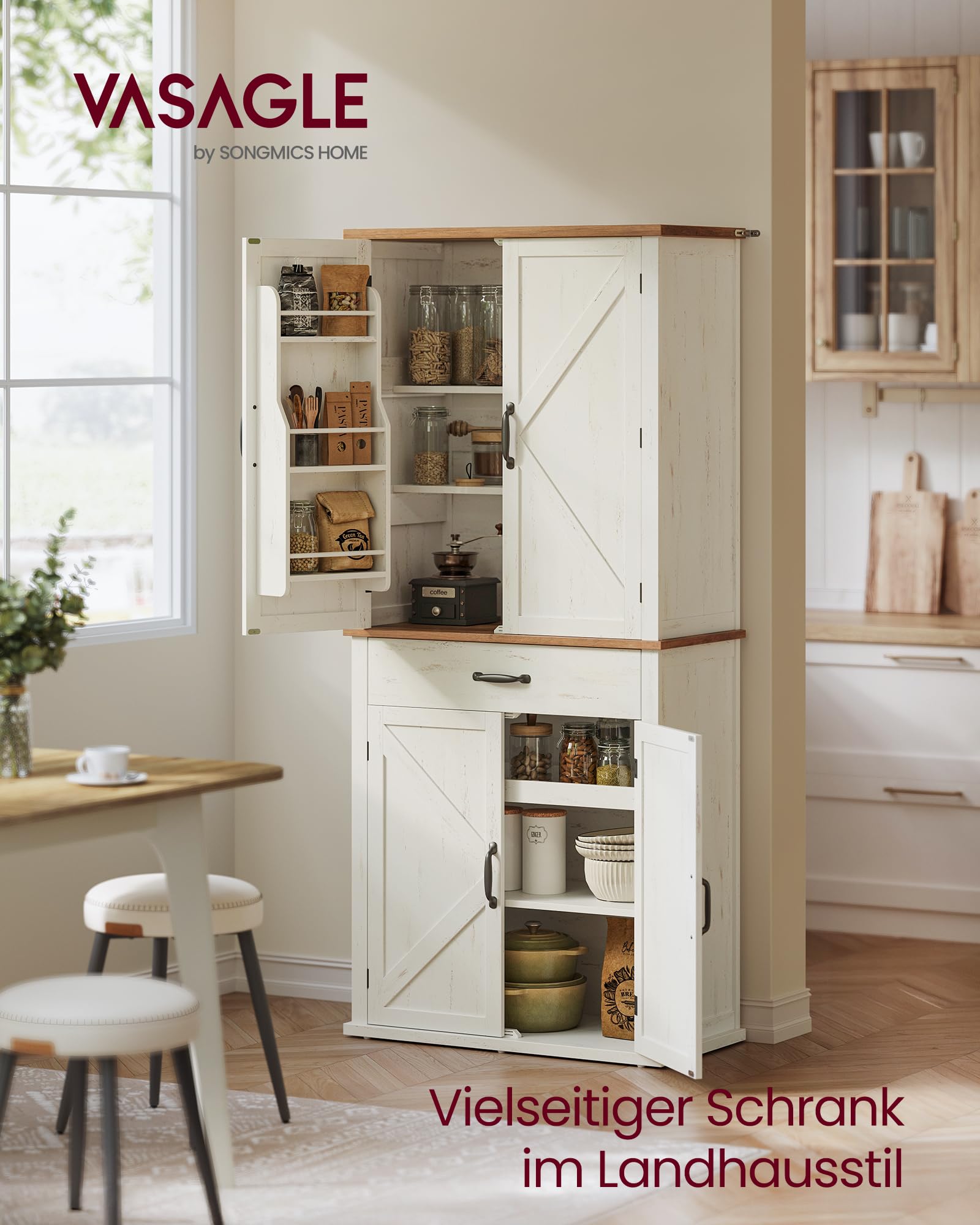VASAGLE Küchenschrank, 178,6 cm hoher Mehrzweckschrank, Landhausstil, mit Schiebetüren, Schublade, Ablage und verstellbaren Einlegeböden, für Küche Esszimmer, vintageweiß BBK364W02