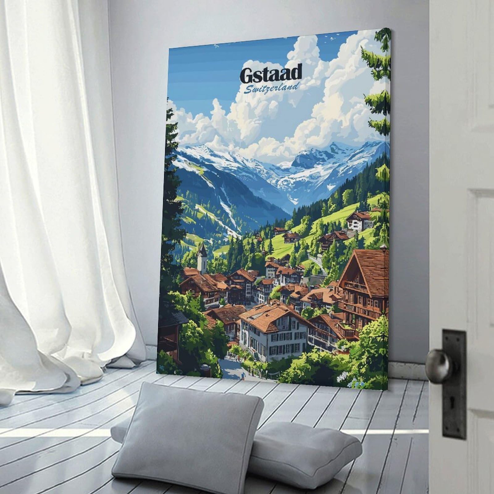 Junmoney Gstaad Switzerland Mountain Village Room Decor Wall Art 20x30inch(50x75cm), for Bedroom Walls, Guest Spaces Or Lounges, An Easy Wall Refresh for Bedrooms