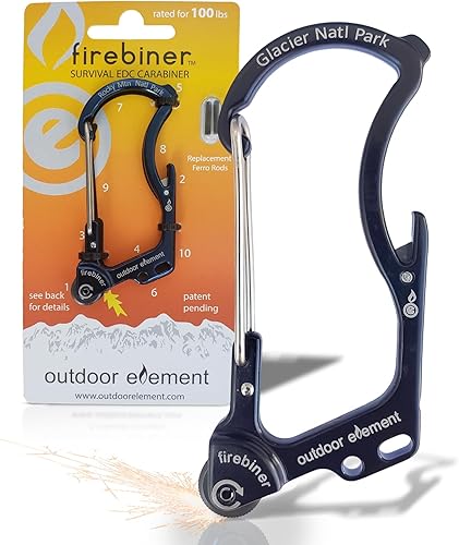 Miniatura 36 de OUTDOOR ELEMENT Firebiner Custom Engraved 6-in-1 Fire Starter Carabiner Multitool – Survival Gear EDC Keychain with Utility Blade, Bottle Opener, GT