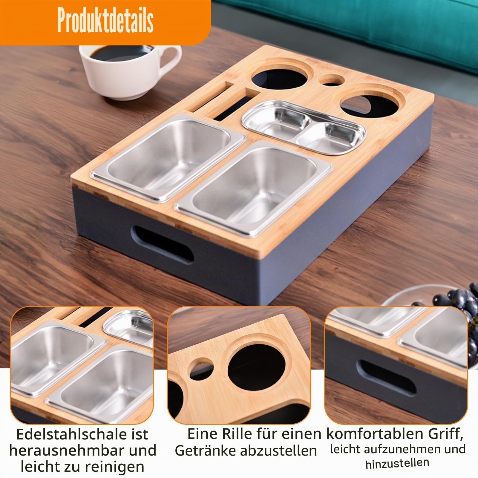 Sofa Tablett mit Getränkehalter & Abnehmbarer Deckel & Edelstahl Snackschalen, Sofaablage für Restaurant Picknick Party, Couchbar Snackbox für Wohnzimmer, Schlafzimmer, Garten, Camping, Schlafzimmer