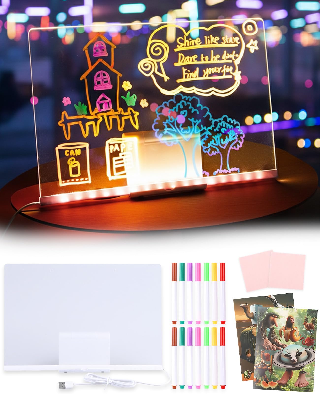 hommova Light up Drawing Board, 11.8x7.8in Acrylic LED Doodle Glow Note Board with 14 Colors Pen, Drawing Lamp for Home Cafe